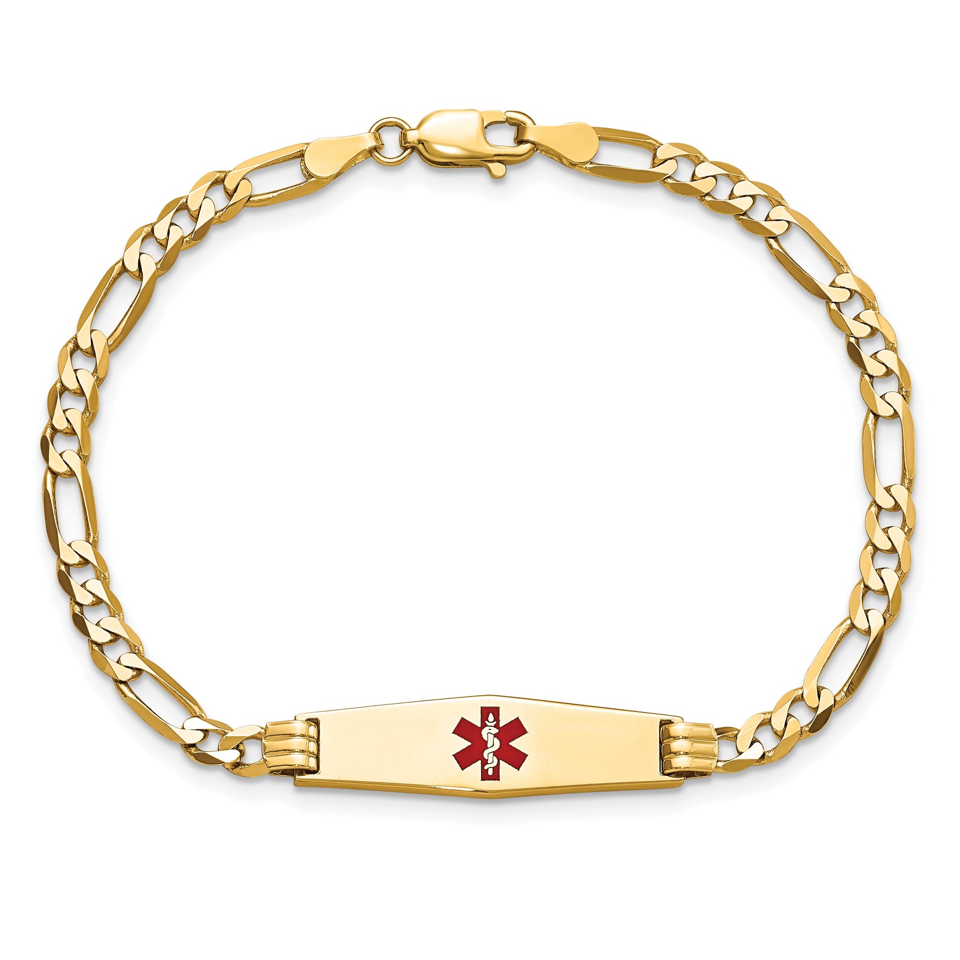 14K Medical Solid Chain/Solid Plate 24x7mm Soft Diamond Shape Centered Red Enamel Figaro Link 8 inch ID Bracelet
