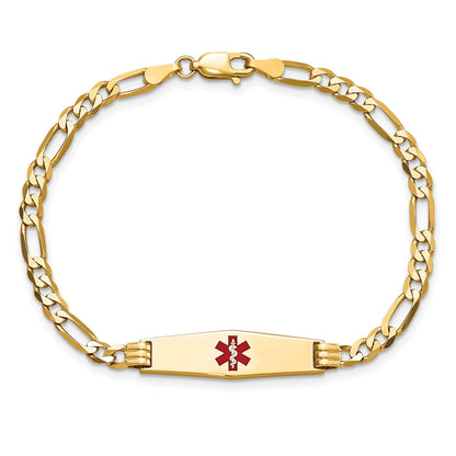 14K Medical Solid Chain/Solid Plate 24x7mm Soft Diamond Shape Centered Red Enamel Figaro Link 8 inch ID Bracelet
