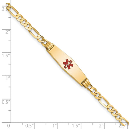 14K Medical Solid Chain/Solid Plate 24x7mm Soft Diamond Shape Centered Red Enamel Figaro Link 8 inch ID Bracelet