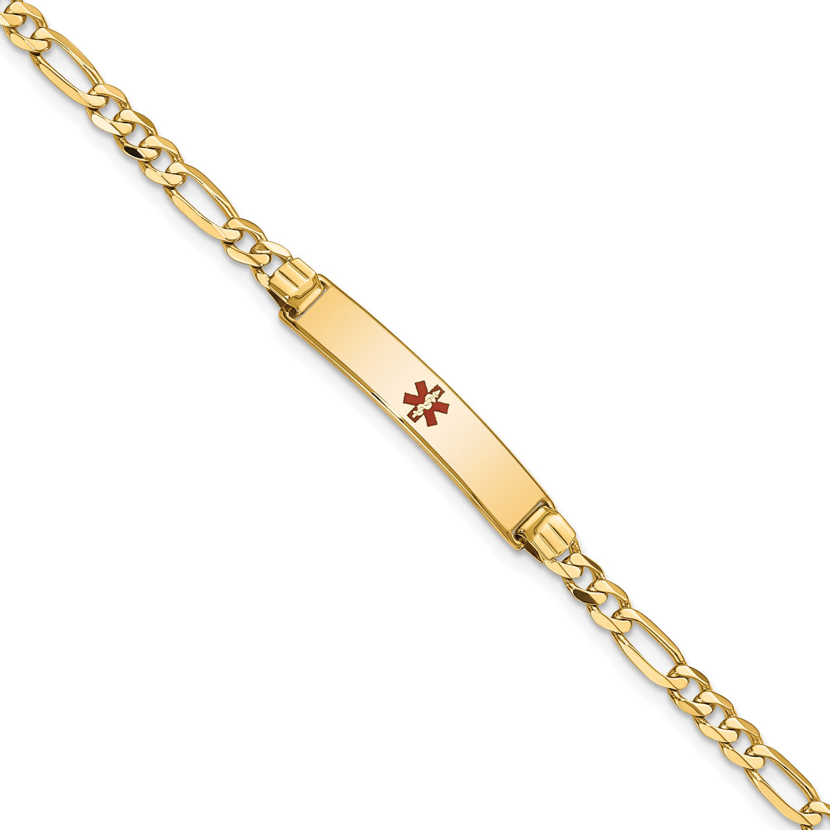 14K Medical Solid Chain/Solid Plate 26x5mm Centered Red Enamel Figaro Link 8 inch ID Bracelet