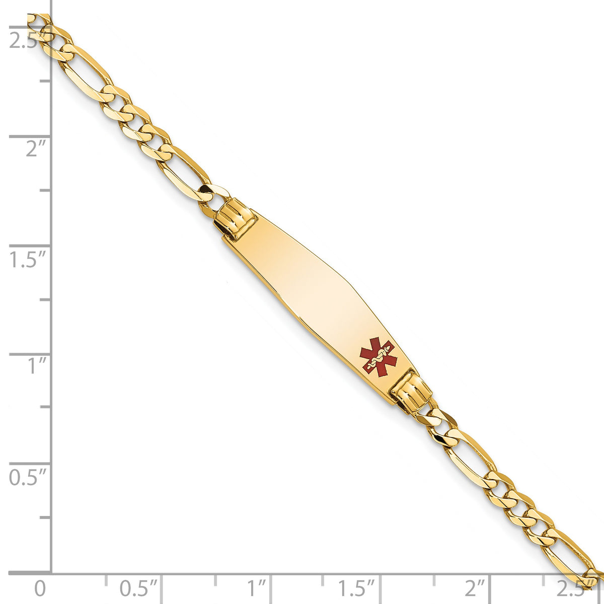 14K Medical Solid Chain/Solid Plate 26x7mm Soft Diamond Shape Off-Center Red Enamel Figaro Link 7 inch ID Bracelet