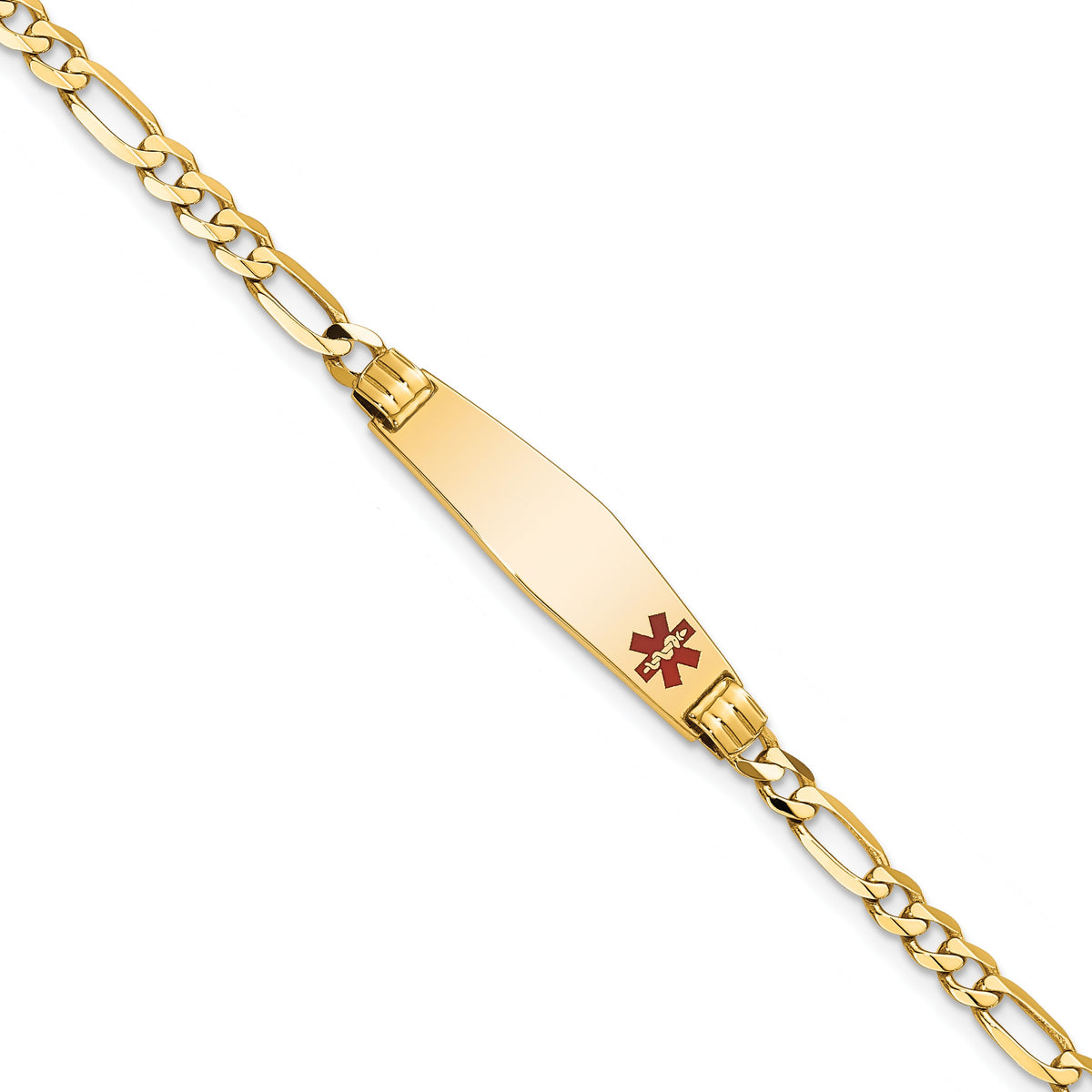 14K Medical Solid Chain/Solid Plate 26x7mm Soft Diamond Shape Off-Center Red Enamel Figaro Link 7 inch ID Bracelet