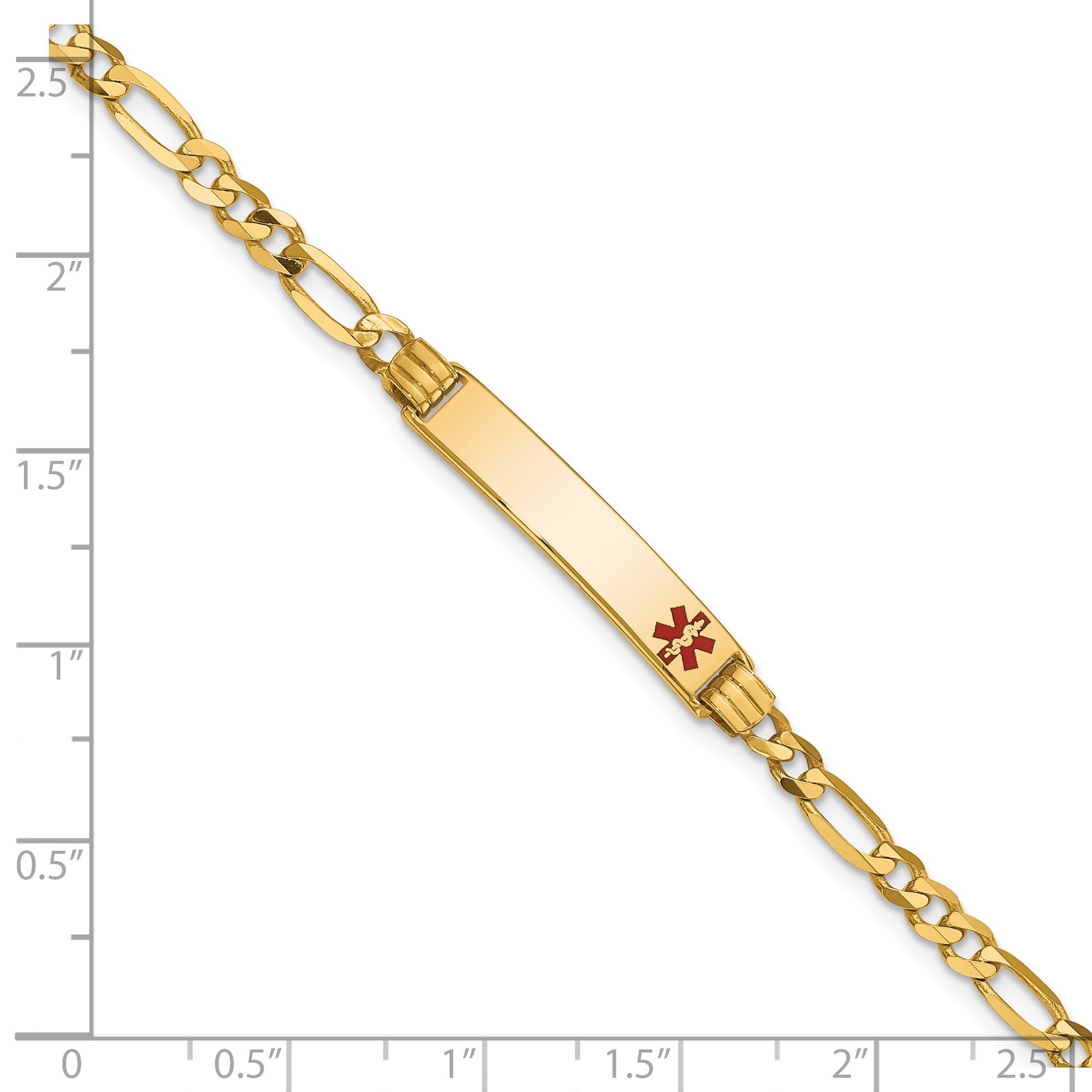 14K Medical Solid Chain/Solid Plate 26x5mm Off-Center Red Enamel Figaro Link 7 inch ID Bracelet