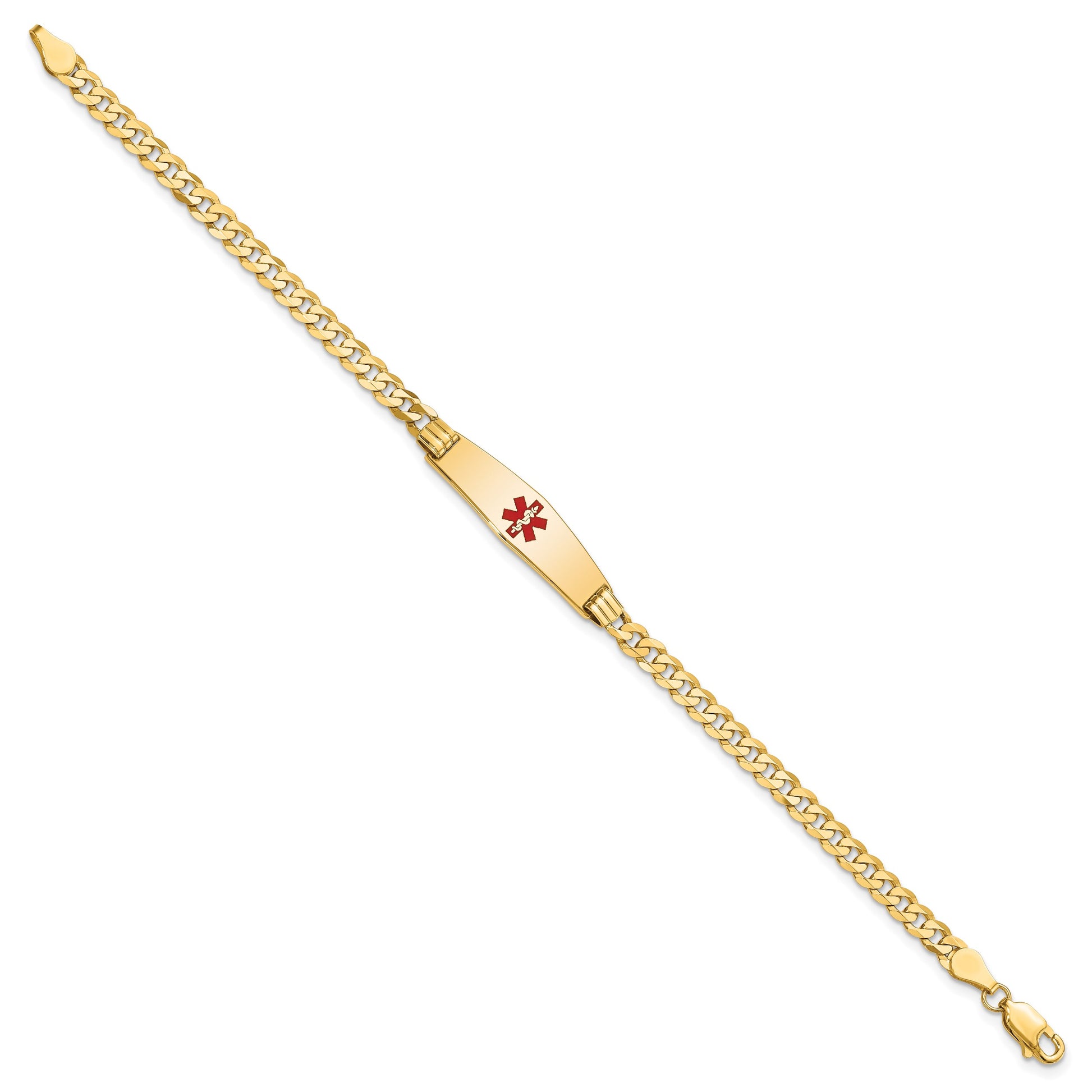 14K Medical Solid Chain/Solid Plate 24x7mm Soft Diamond Shape Centered Red Enamel Curb Link 8 inch ID Bracelet
