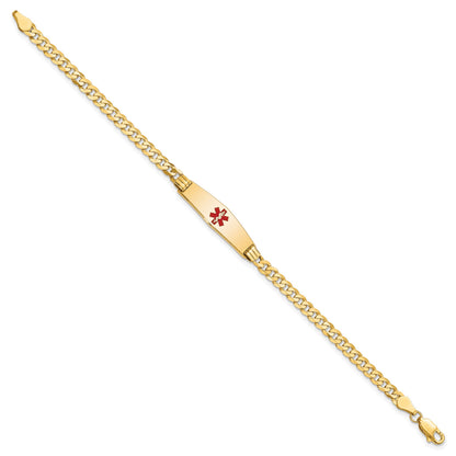 14K Medical Solid Chain/Solid Plate 24x7mm Soft Diamond Shape Centered Red Enamel Curb Link 7 inch ID Bracelet