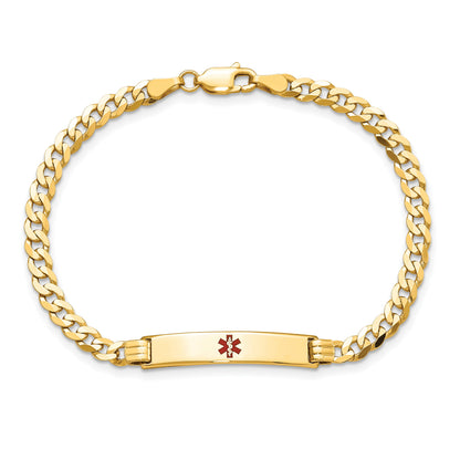14K Medical Solid Chain/Solid Plate 26x5mm Centered Red Enamel Curb Link 8 inch ID Bracelet