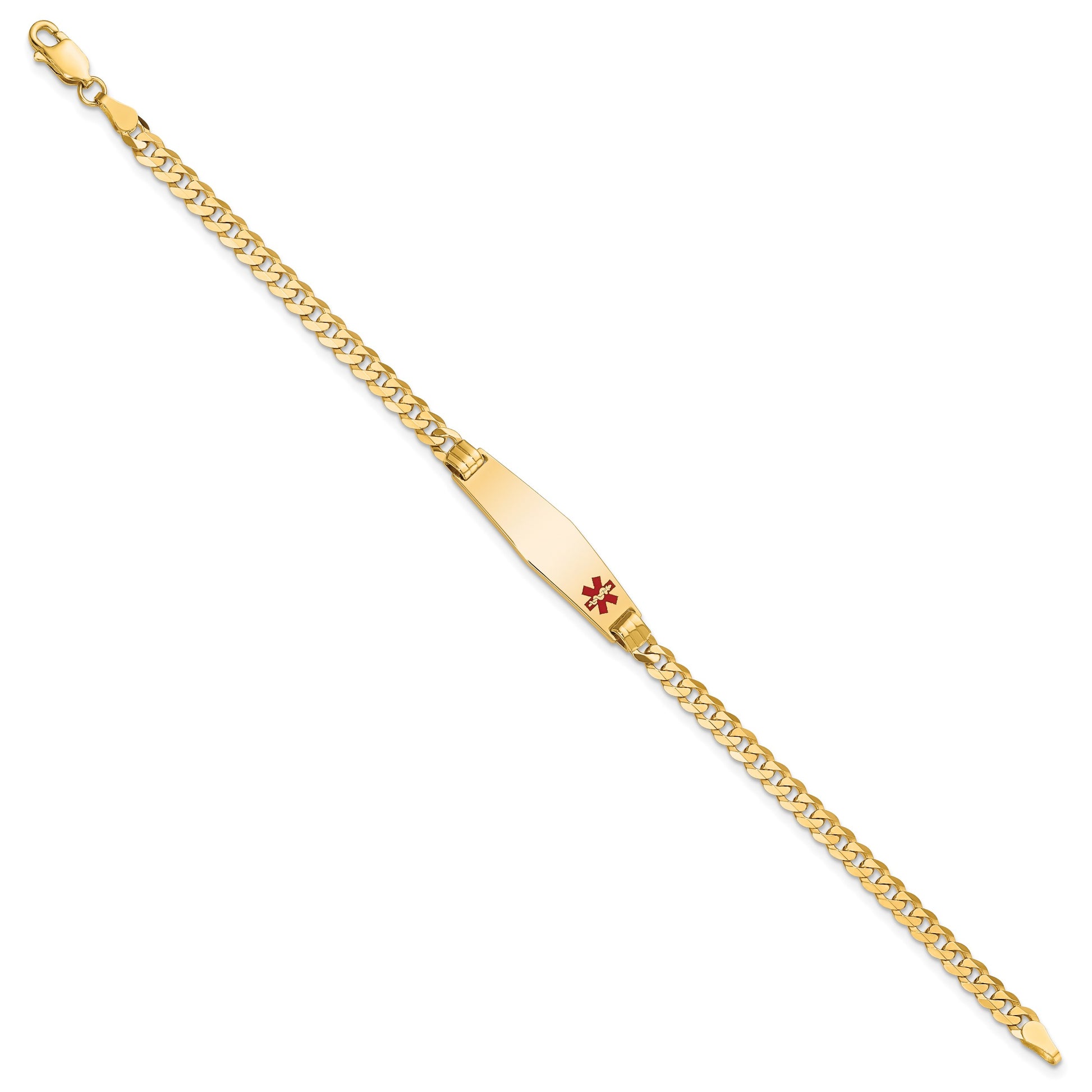 14K Medical Solid Chain/Solid Plate 26x7mm Soft Diamond Shape Off-Center Red Enamel Curb Link 8 inch ID Bracelet