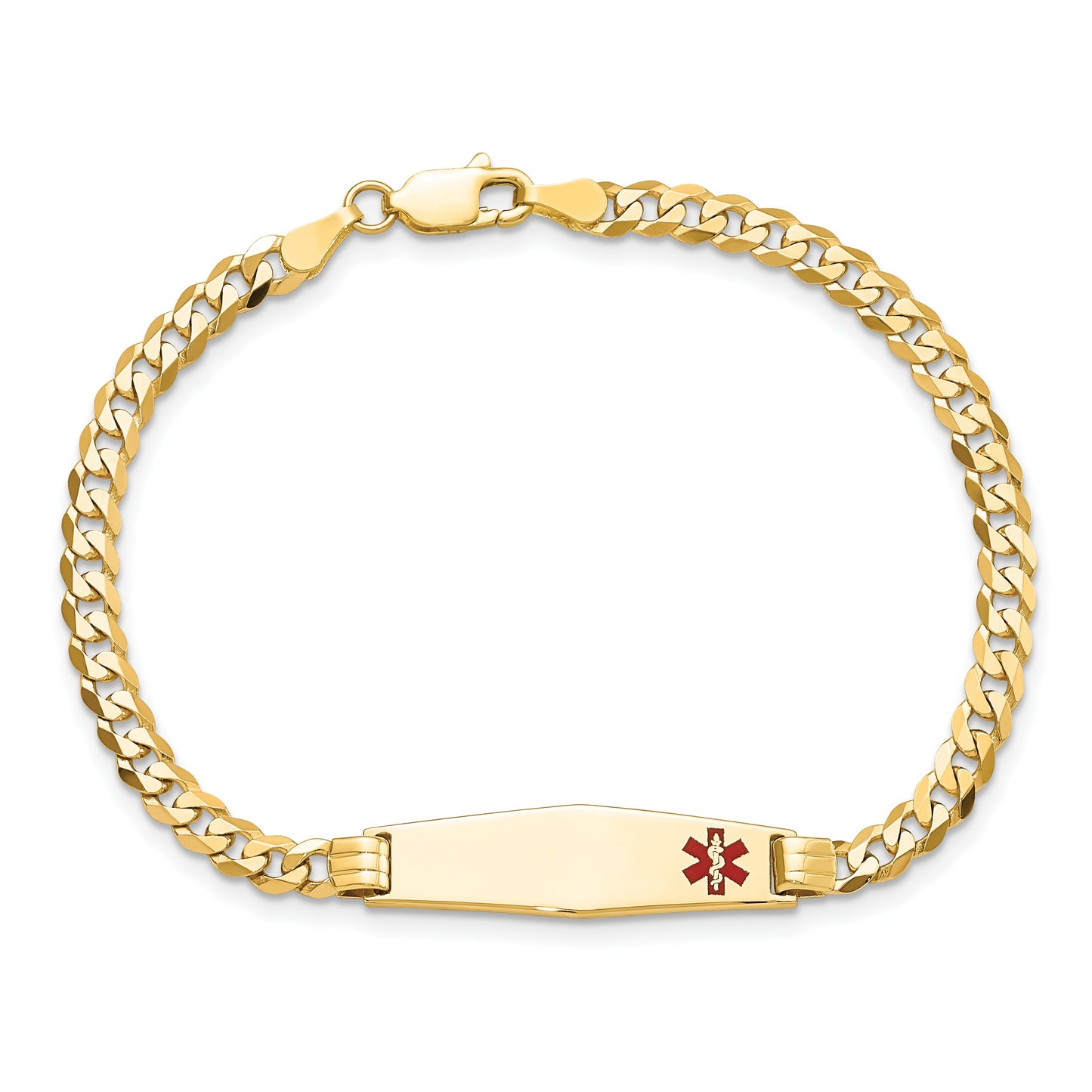 14K Medical Solid Chain/Solid Plate 26x7mm Soft Diamond Shape Off-Center Red Enamel Curb Link 8 inch ID Bracelet
