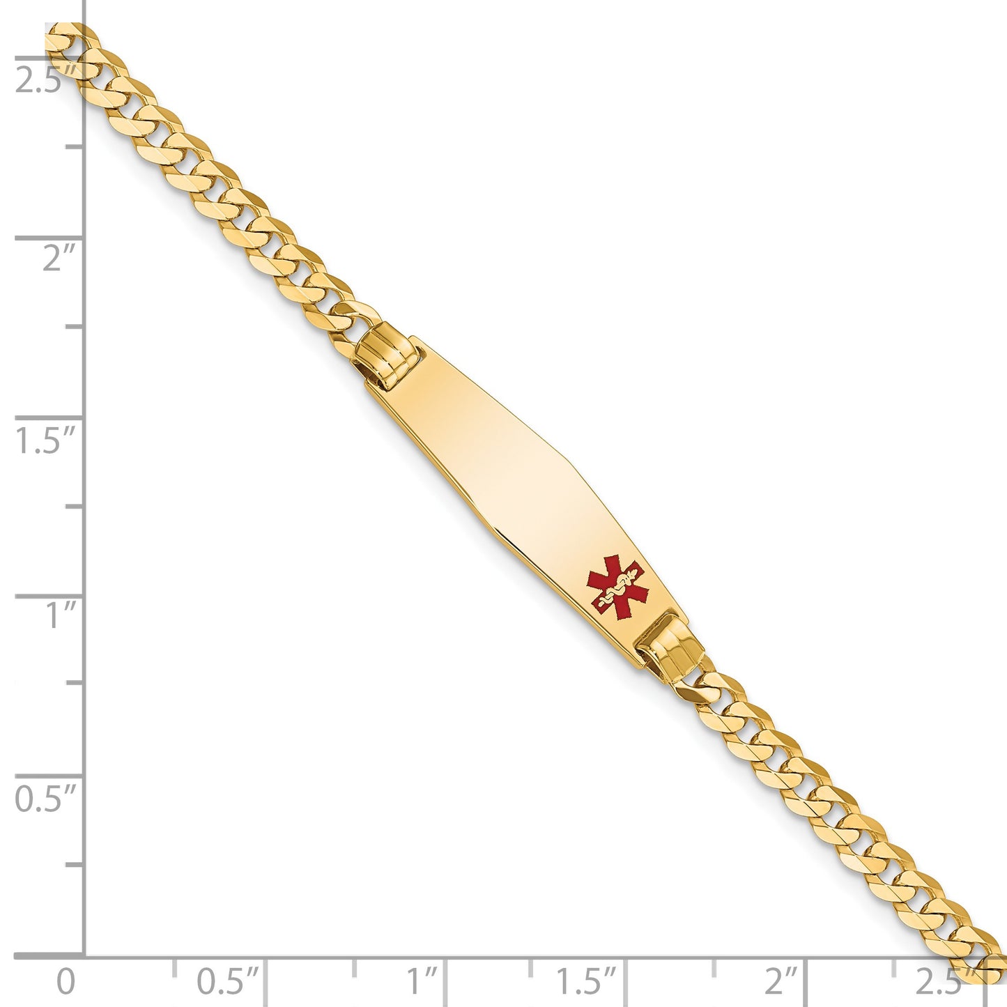14K Medical Solid Chain/Solid Plate 26x7mm Soft Diamond Shape Off-Center Red Enamel Curb Link 8 inch ID Bracelet
