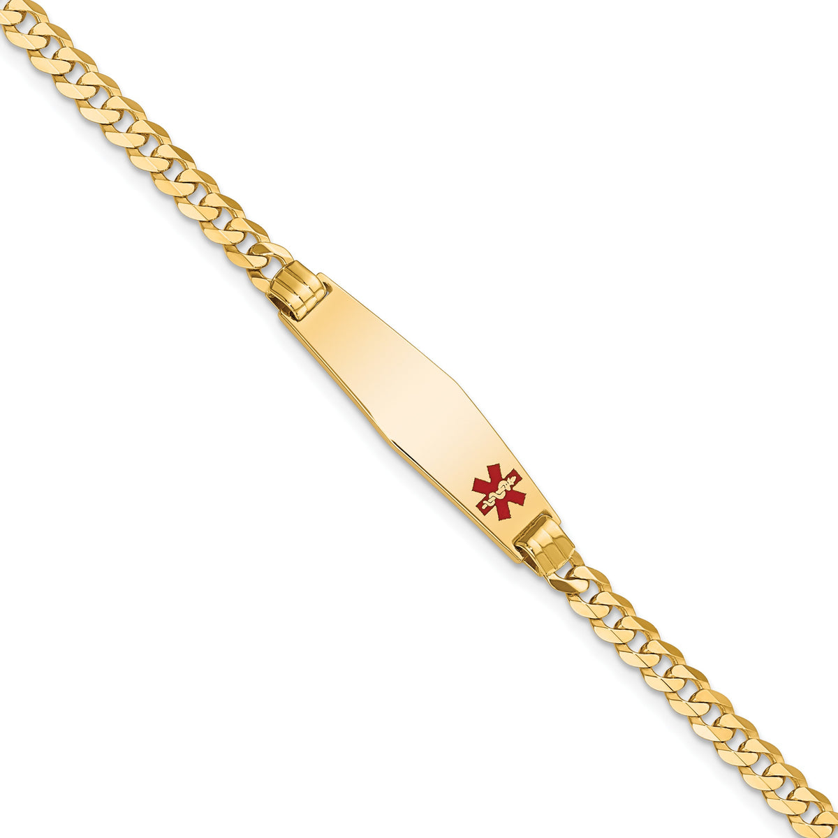 14K Medical Solid Chain/Solid Plate 26x7mm Soft Diamond Shape Off-Center Red Enamel Curb Link 7 inch ID Bracelet