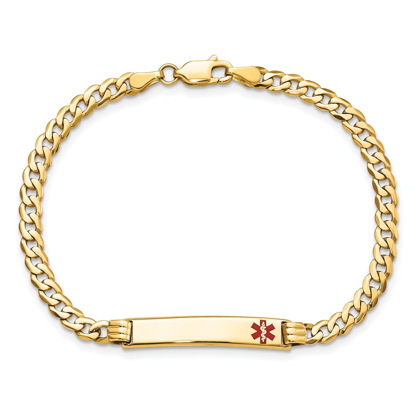 14K Medical Solid Chain/Solid Plate 26x5mm Off-Center Red Enamel Curb Link 7 inch ID Bracelet