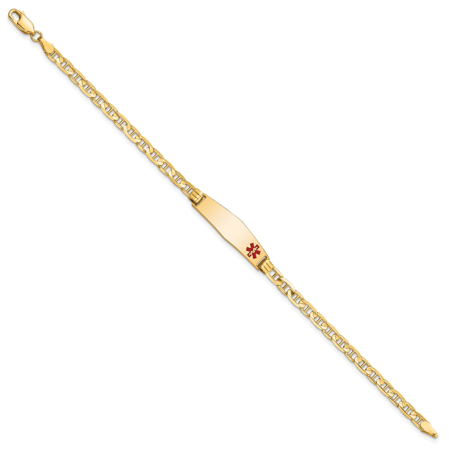 14K Medical Solid Chain/Solid Plate 26x7mm Soft Diamond Shape Off-Center Red Enamel Anchor Link 8 inch ID Bracelet