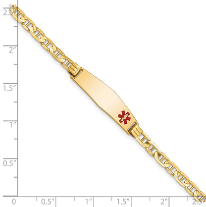 14K Medical Solid Chain/Solid Plate 26x7mm Soft Diamond Shape Off-Center Red Enamel Anchor Link 8 inch ID Bracelet