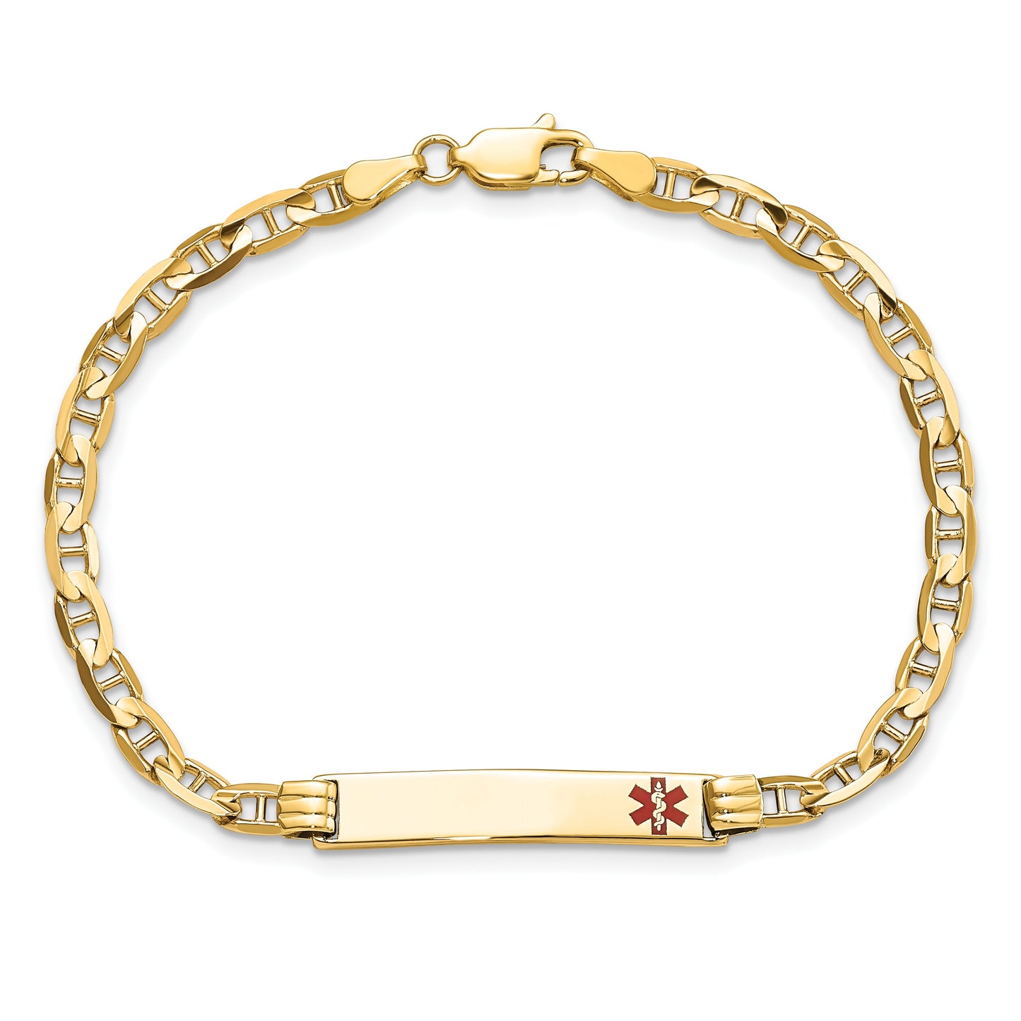 14K Medical Solid Chain/Solid Plate 26x5mm Off-Center Red Enamel Anchor Link 7 inch ID Bracelet