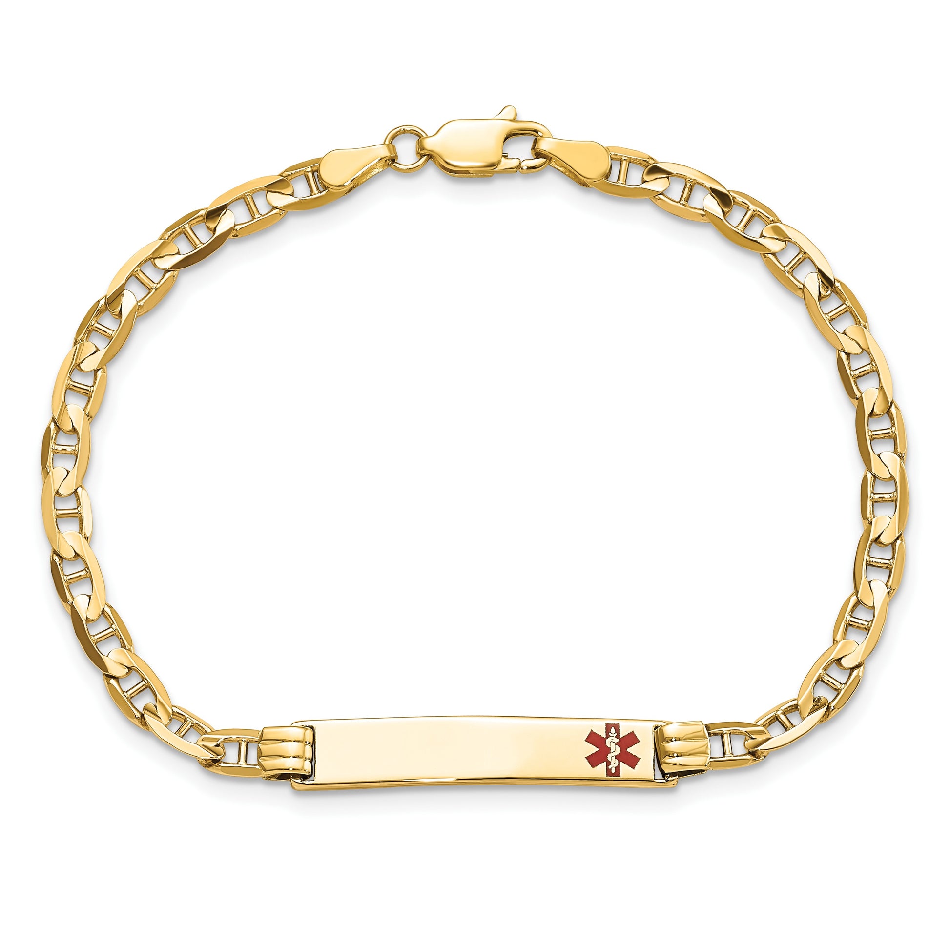 14K Medical Solid Chain/Solid Plate 26x5mm Off-Center Red Enamel Anchor Link 7 inch ID Bracelet