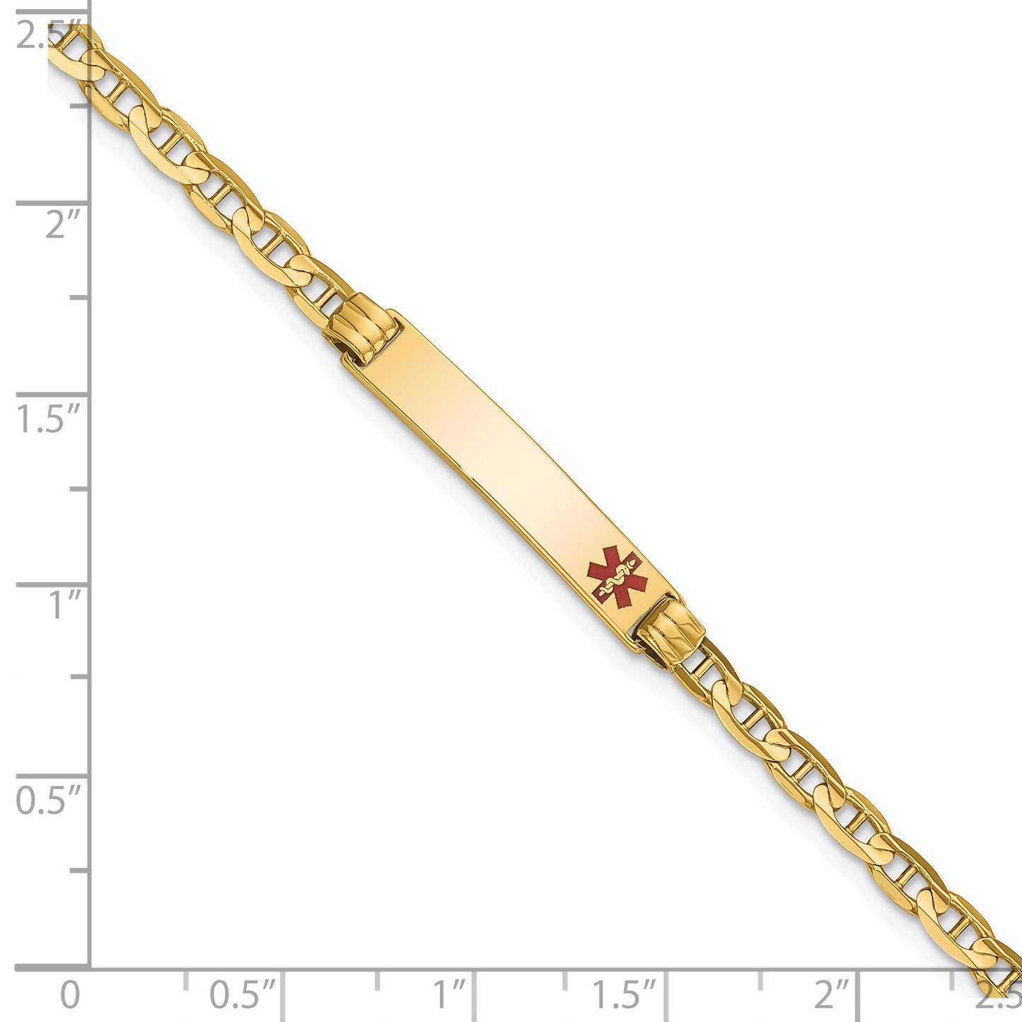 14K Medical Solid Chain/Solid Plate 26x5mm Off-Center Red Enamel Anchor Link 7 inch ID Bracelet