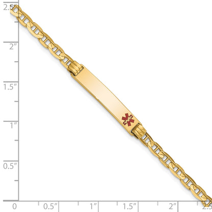 14K Medical Solid Chain/Solid Plate 26x5mm Off-Center Red Enamel Anchor Link 7 inch ID Bracelet