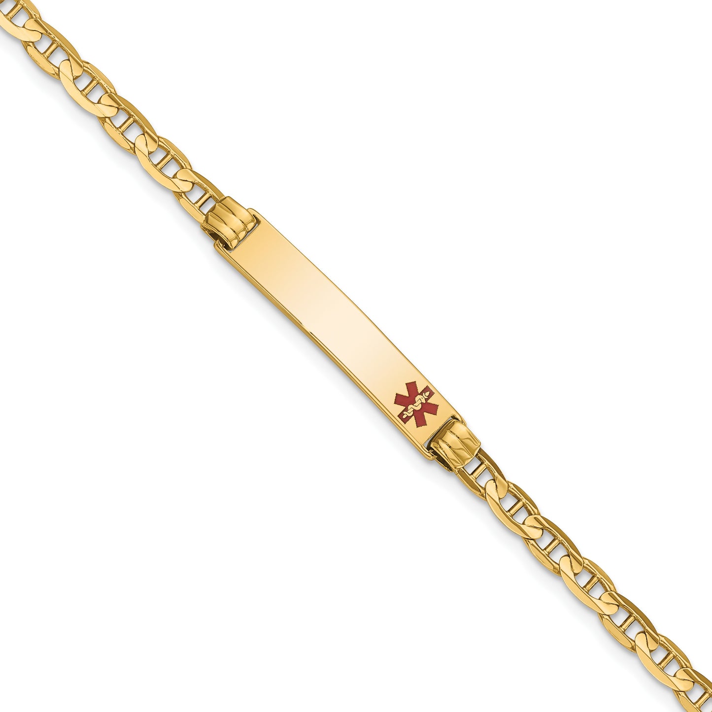 14K Medical Solid Chain/Solid Plate 26x5mm Off-Center Red Enamel Anchor Link 7 inch ID Bracelet