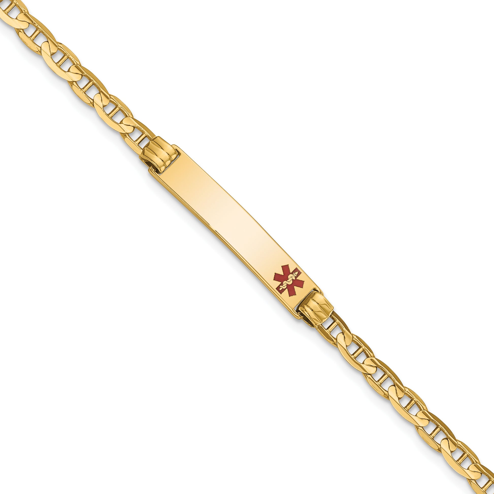 14K Medical Solid Chain/Solid Plate 26x5mm Off-Center Red Enamel Anchor Link 7 inch ID Bracelet