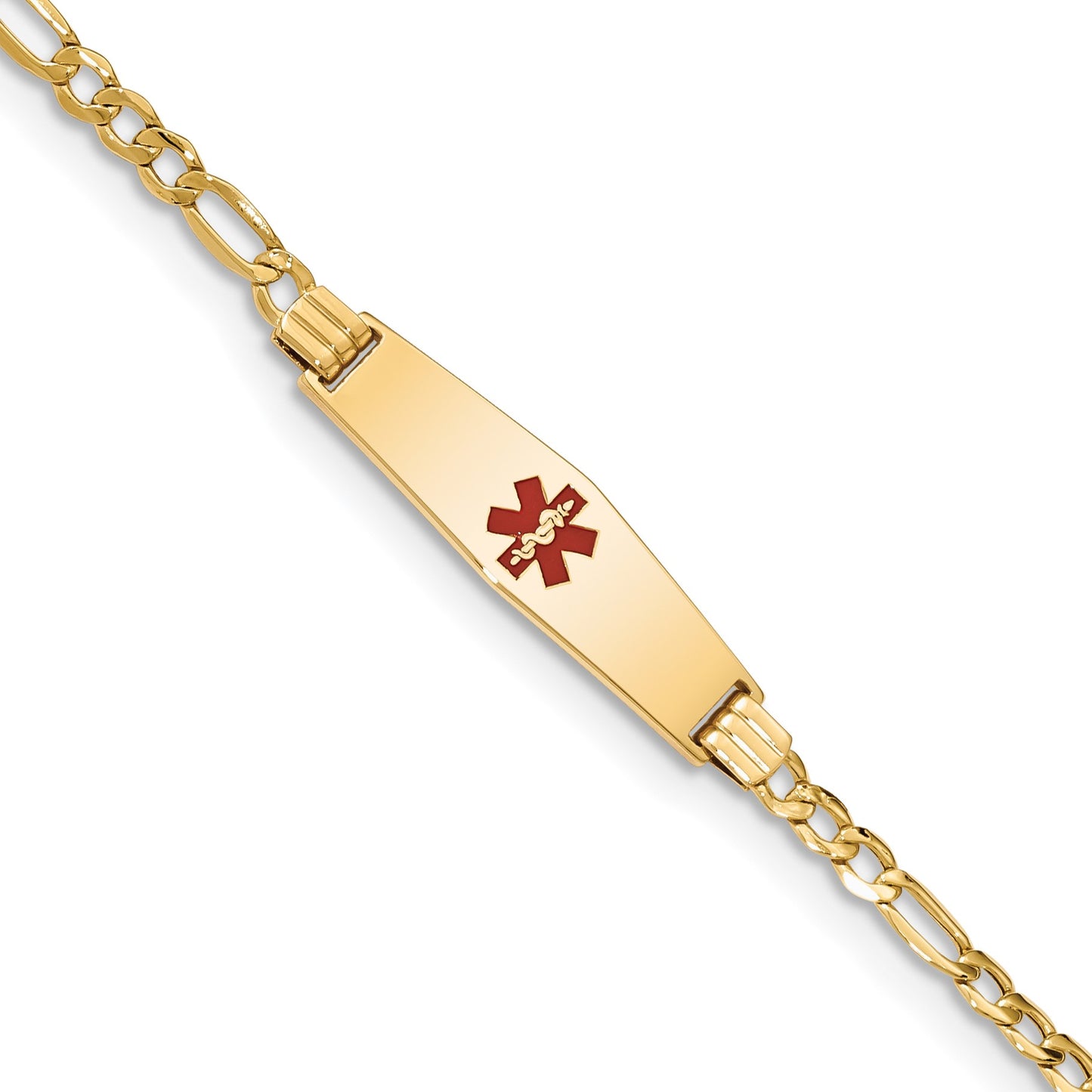 14K Medical Semi-Solid Chain/Solid Plate 26x7mm Soft Diamond Shape Centered Red Enamel Figaro Link 7 inch ID Bracelet