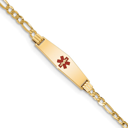 14K Medical Semi-Solid Chain/Solid Plate 26x7mm Soft Diamond Shape Centered Red Enamel Figaro Link 7 inch ID Bracelet
