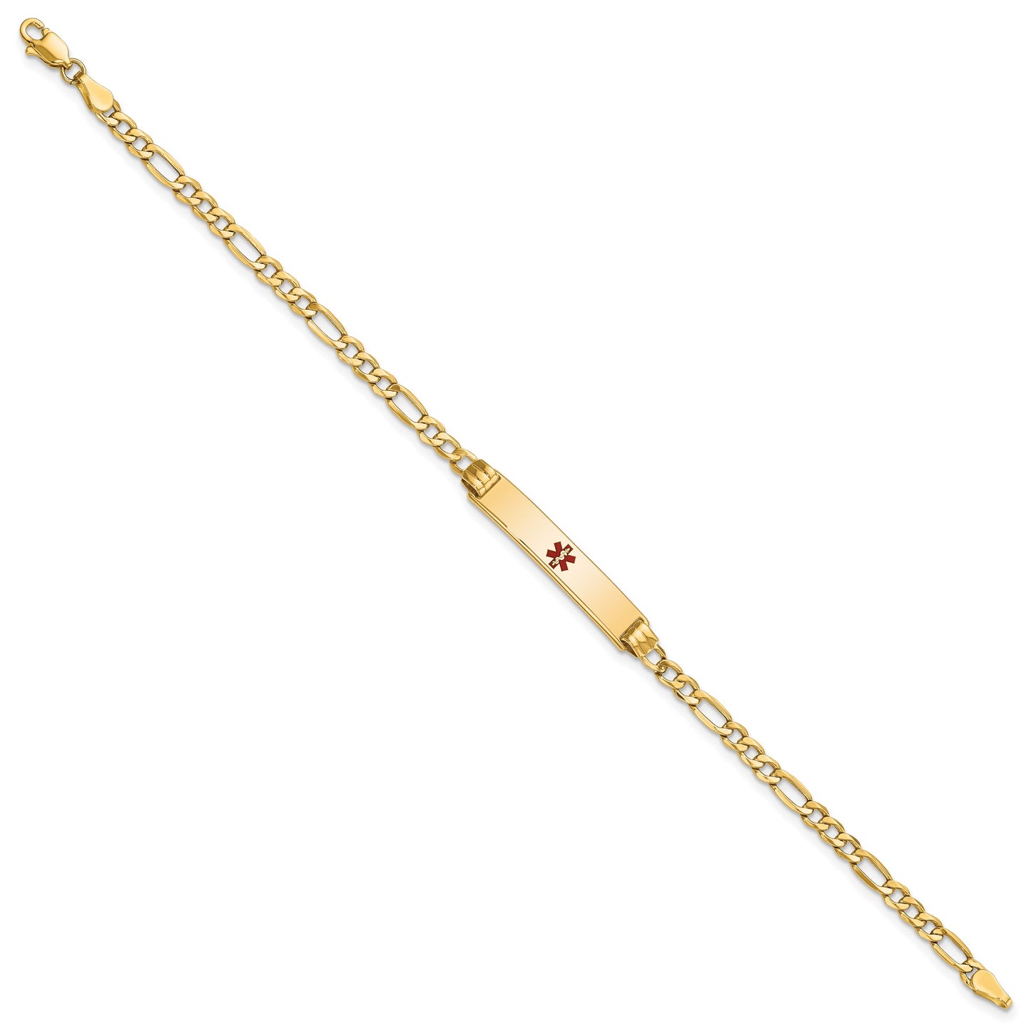 14K Medical Semi-Solid Chain/Solid Plate 26x5mm Centered Red Enamel Figaro Link 7 inch ID Bracelet