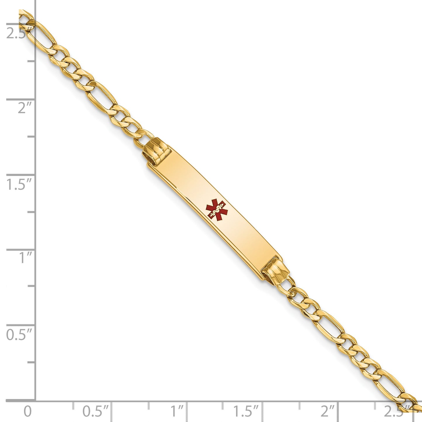 14K Medical Semi-Solid Chain/Solid Plate 26x5mm Centered Red Enamel Figaro Link 7 inch ID Bracelet