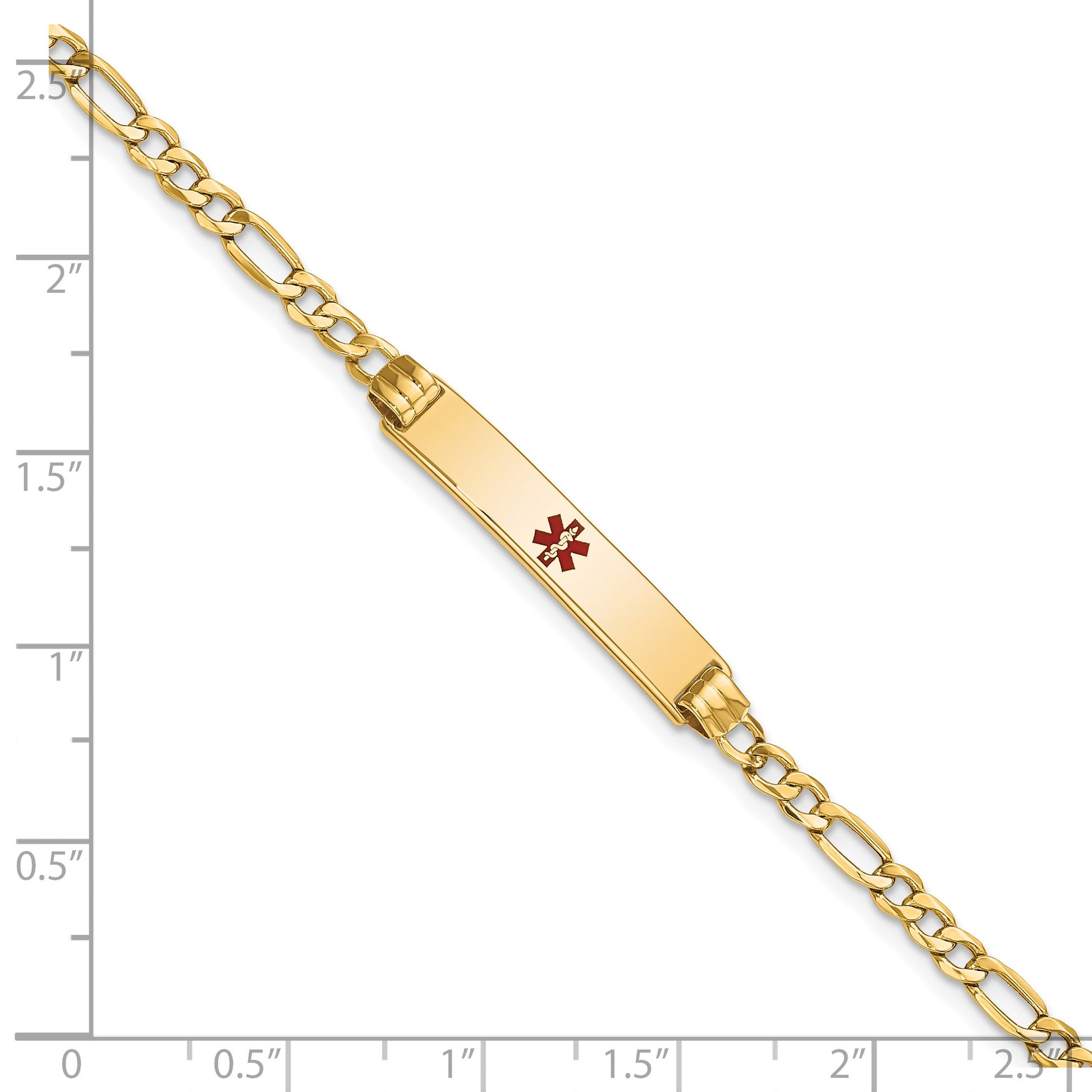 14K Medical Semi-Solid Chain/Solid Plate 26x5mm Centered Red Enamel Figaro Link 8 inch ID Bracelet