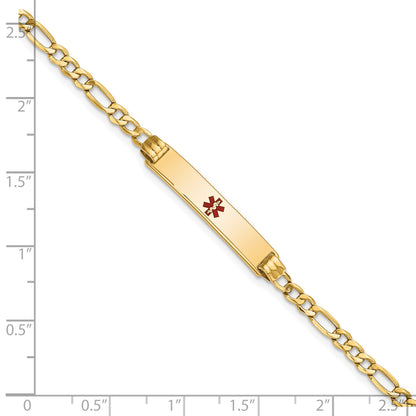14K Medical Semi-Solid Chain/Solid Plate 26x5mm Centered Red Enamel Figaro Link 8 inch ID Bracelet