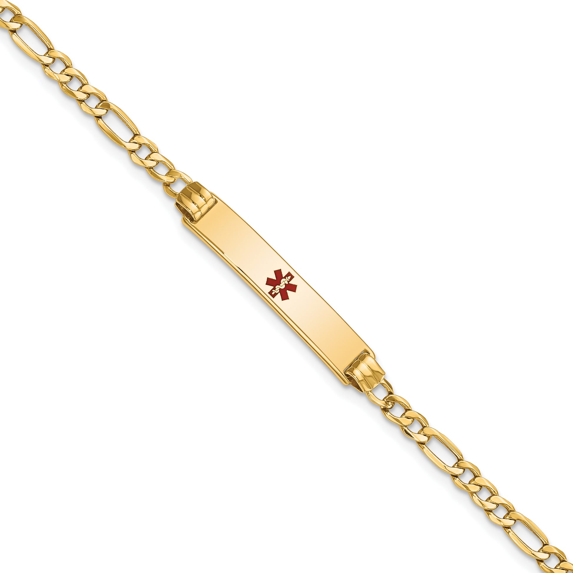 14K Medical Semi-Solid Chain/Solid Plate 26x5mm Centered Red Enamel Figaro Link 8 inch ID Bracelet