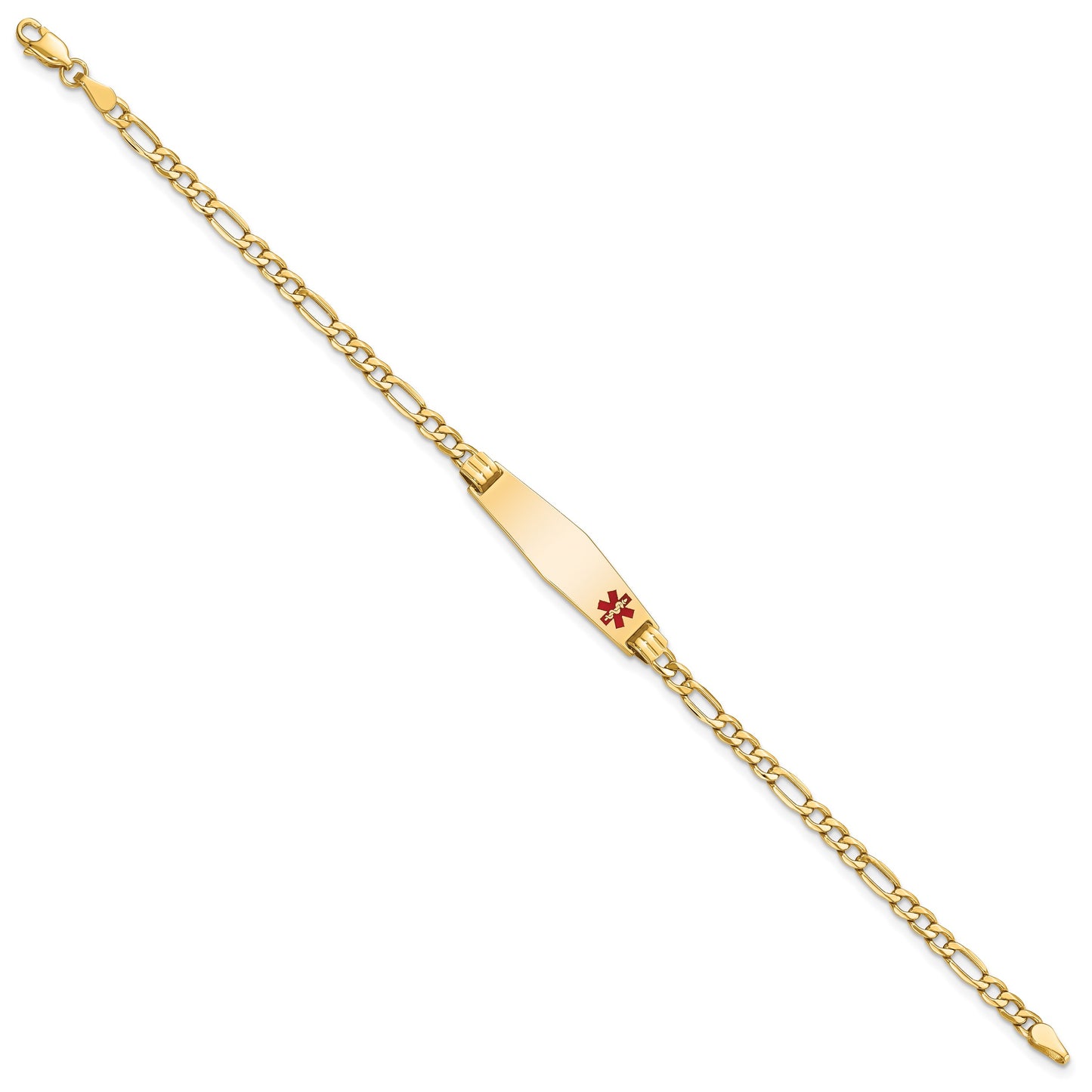 14K Medical Semi-Solid Chain/Solid Plate 26x7mm Soft Diamond Shape Off-Center Red Enamel Figaro Link 8 inch ID Bracelet