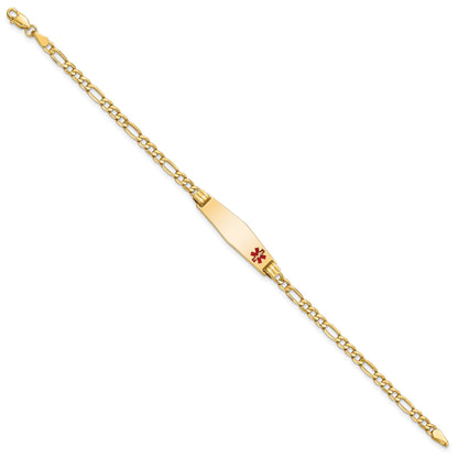 14K Medical Semi-Solid Chain/Solid Plate 26x7mm Soft Diamond Shape Off-Center Red Enamel Figaro Link 8 inch ID Bracelet
