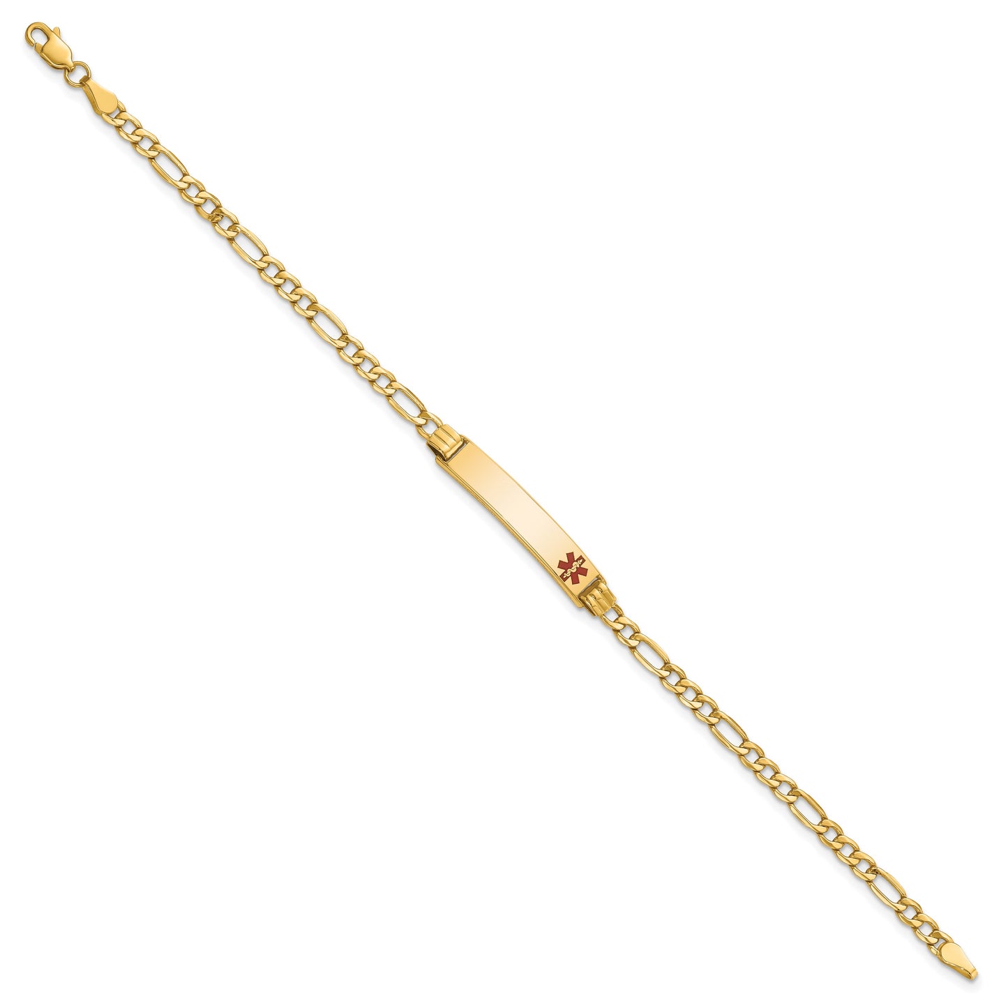 14k Medical Semi-Solid Chain/Solid Plate 26x5mm Off-Center Red Enamel Figaro Link 7 inch ID Bracelet