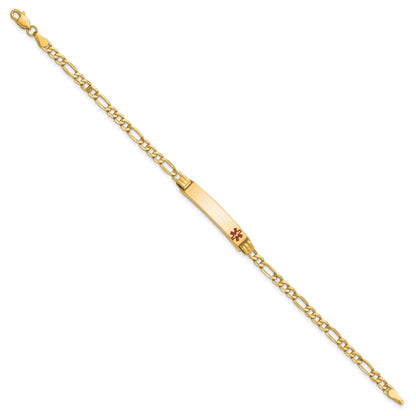14k Medical Semi-Solid Chain/Solid Plate 26x5mm Off-Center Red Enamel Figaro Link 7 inch ID Bracelet