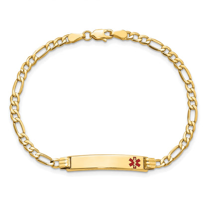 14k Medical Semi-Solid Chain/Solid Plate 26x5mm Off-Center Red Enamel Figaro Link 7 inch ID Bracelet