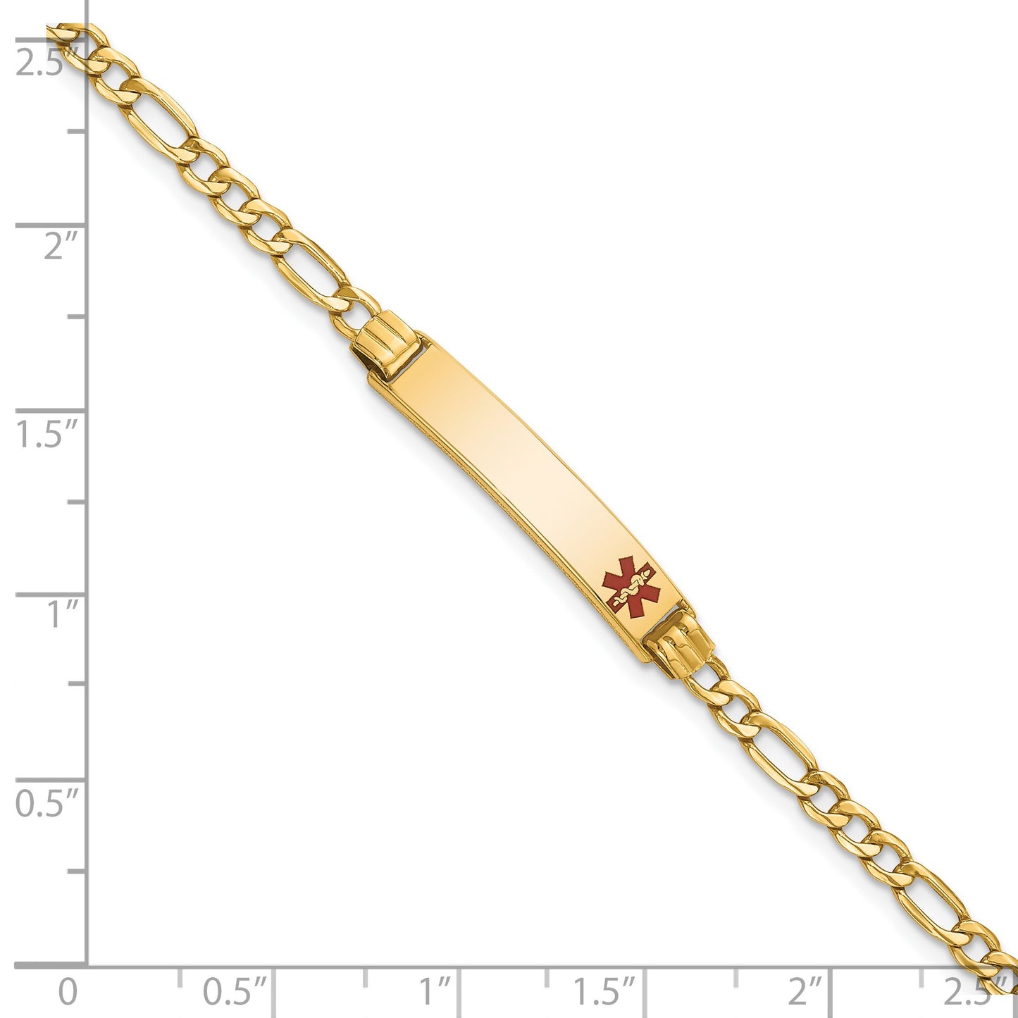 14k Medical Semi-Solid Chain/Solid Plate 26x5mm Off-Center Red Enamel Figaro Link 7 inch ID Bracelet