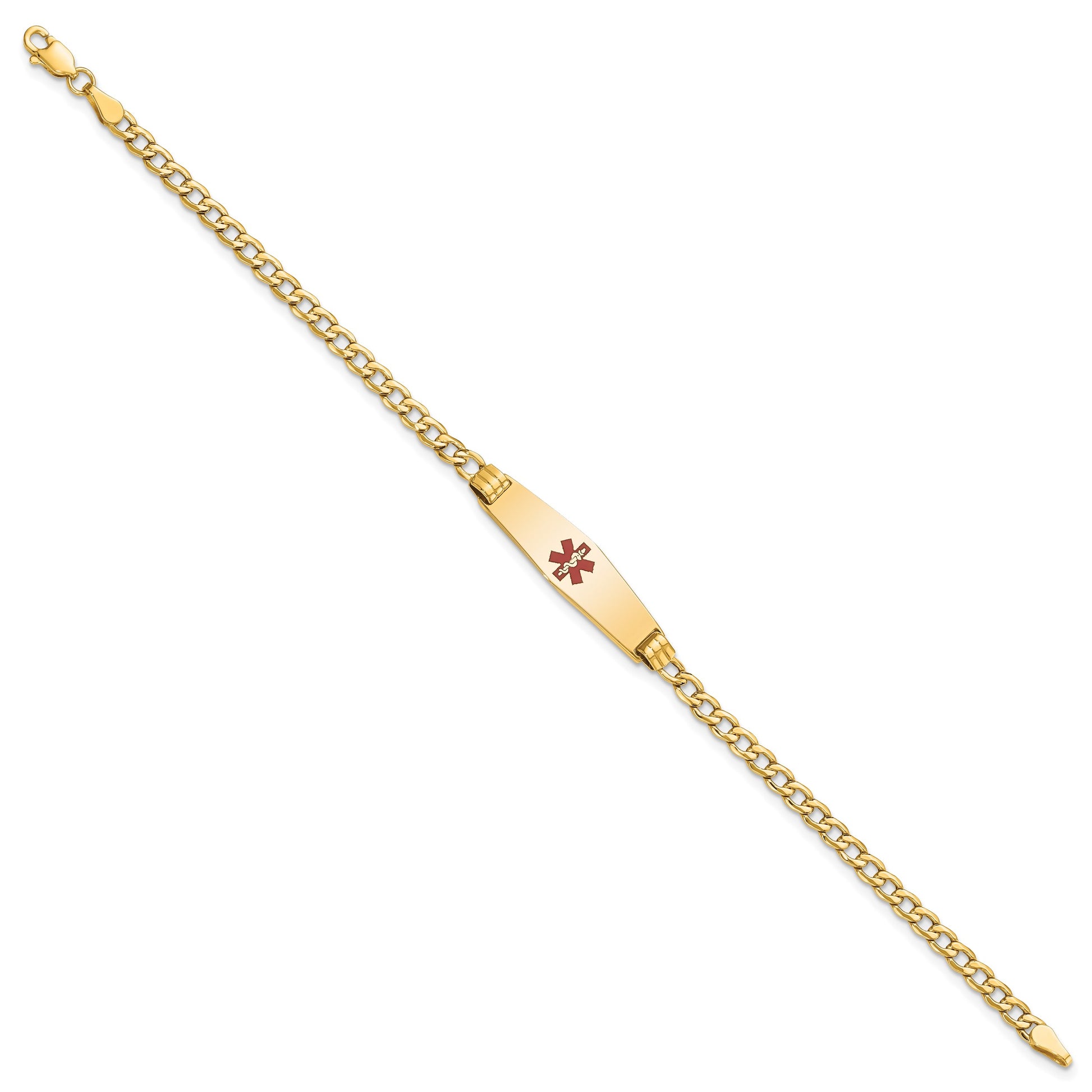 14K Medical Semi-Solid Chain/Solid Plate 26x7mm Soft Diamond Shape Centered Red Enamel Cuban Link 8 inch ID Bracelet