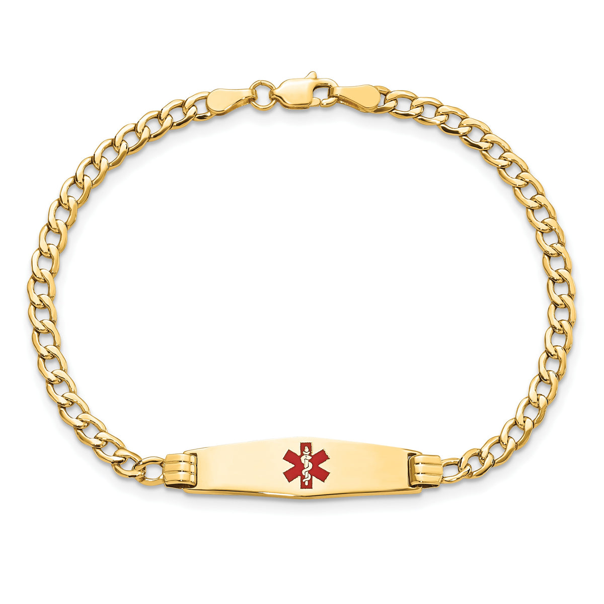 14K Medical Semi-Solid Chain/Solid Plate 26x7mm Soft Diamond Shape Centered Red Enamel Cuban Link 7 inch ID Bracelet