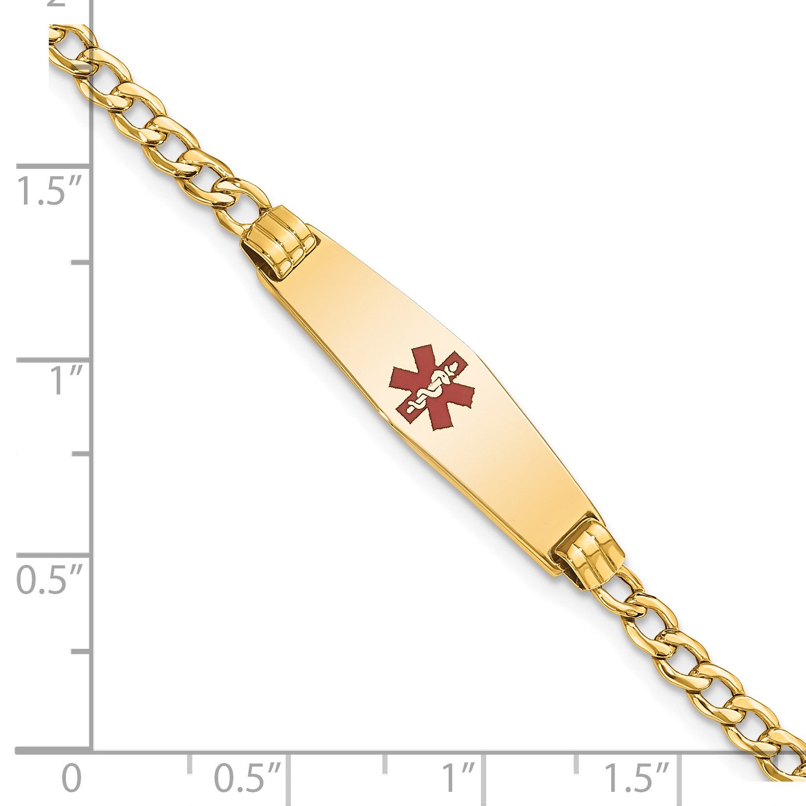 14K Medical Semi-Solid Chain/Solid Plate 26x7mm Soft Diamond Shape Centered Red Enamel Cuban Link 8 inch ID Bracelet