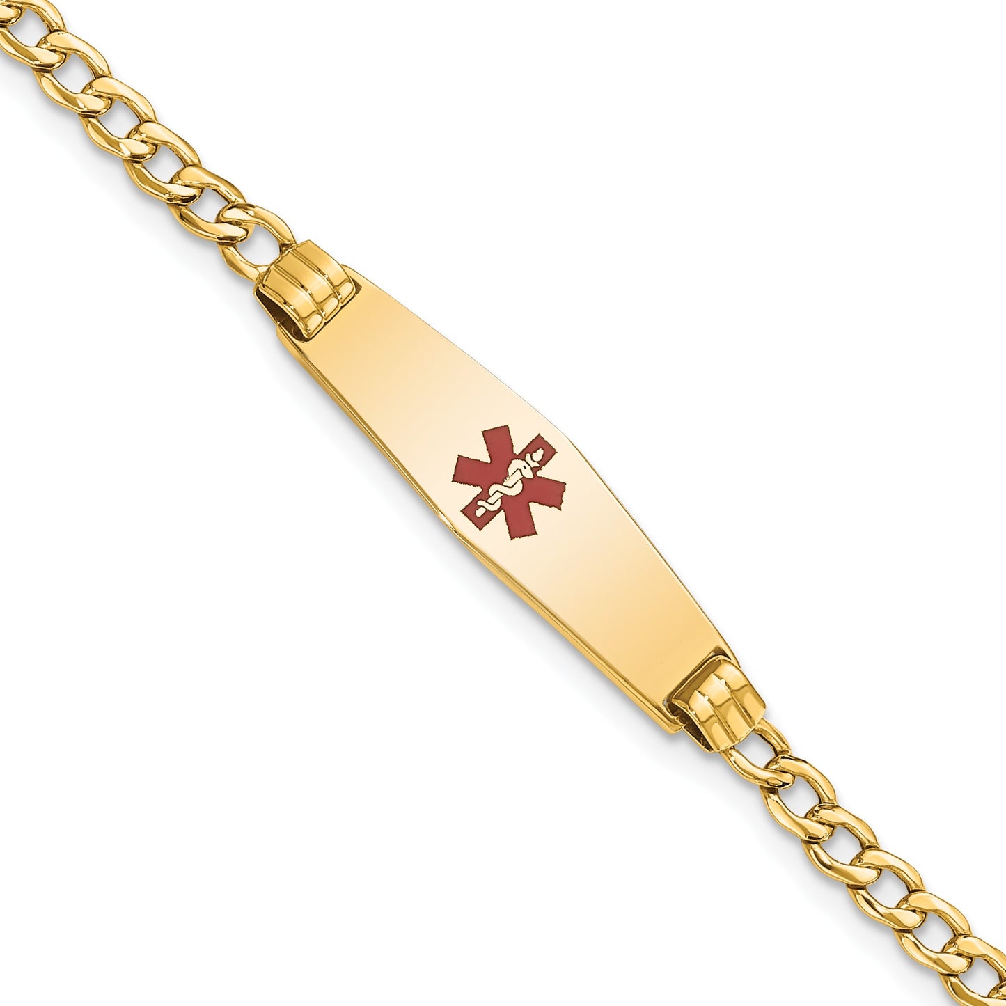 14K Medical Semi-Solid Chain/Solid Plate 26x7mm Soft Diamond Shape Centered Red Enamel Cuban Link 8 inch ID Bracelet