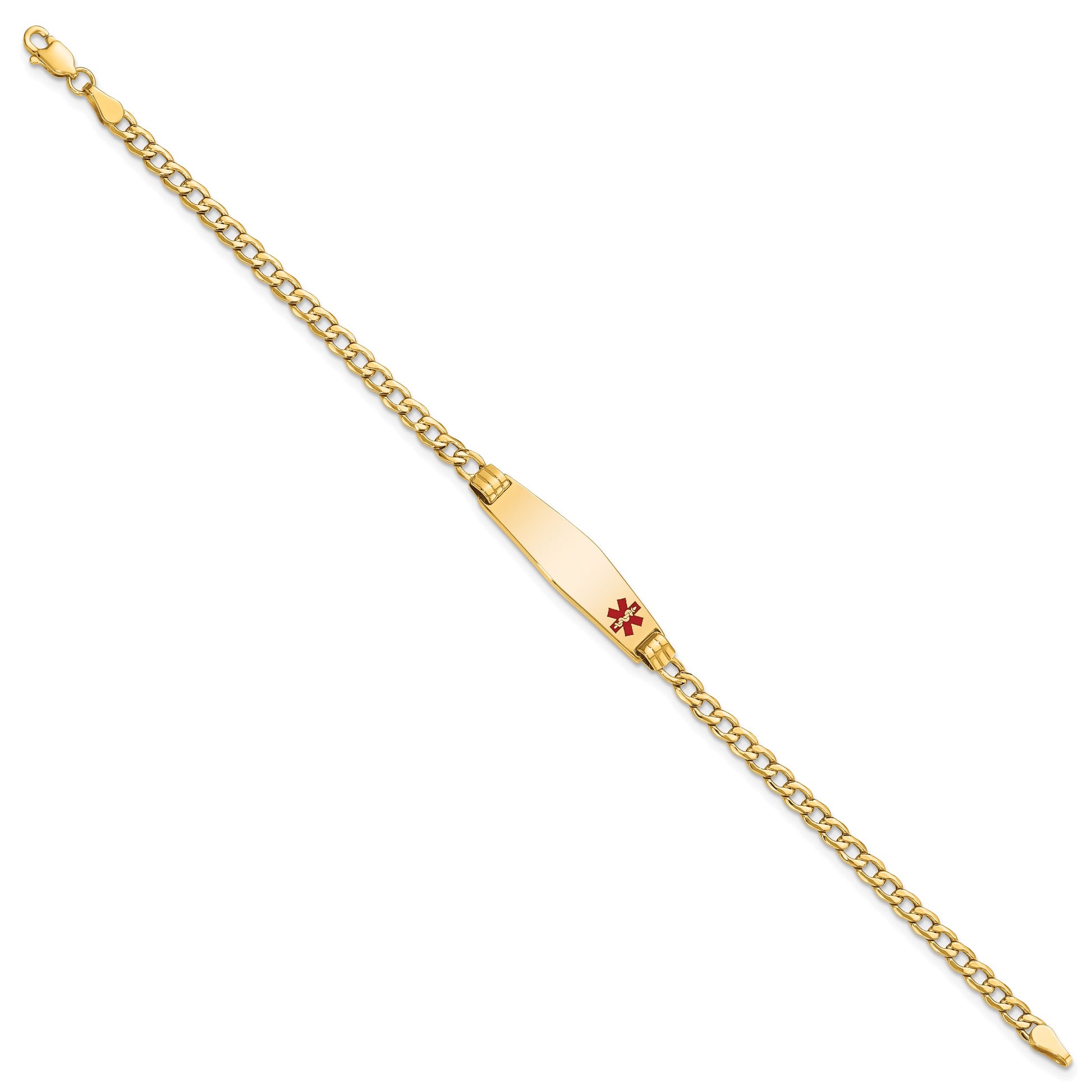 14K Medical Semi-Solid Chain/Solid Plate 26x7mm Soft Diamond Shape Off-Center Red Enamel Cuban Link 7 inch ID Bracelet