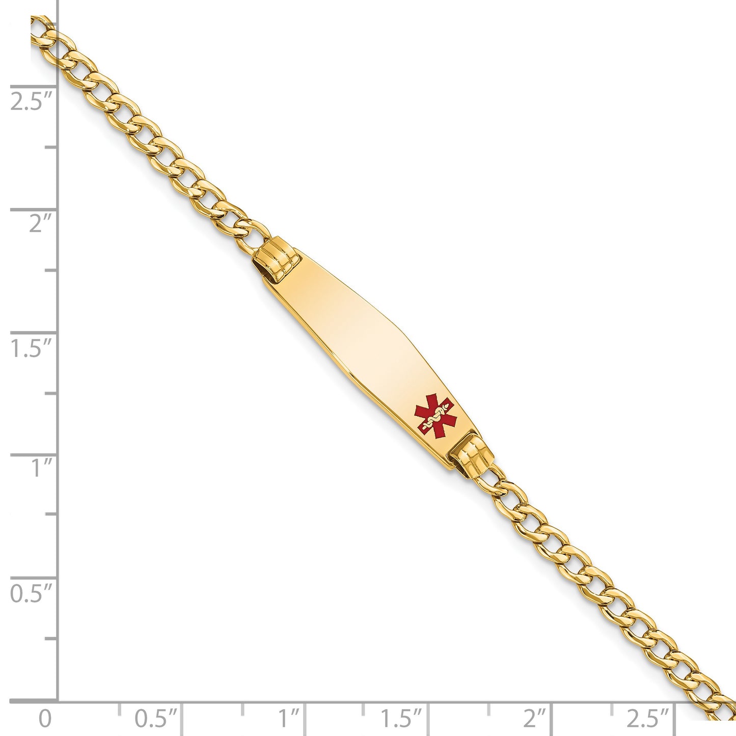 14K Medical Semi-Solid Chain/Solid Plate 26x7mm Soft Diamond Shape Off-Center Red Enamel Cuban Link 8 inch ID Bracelet