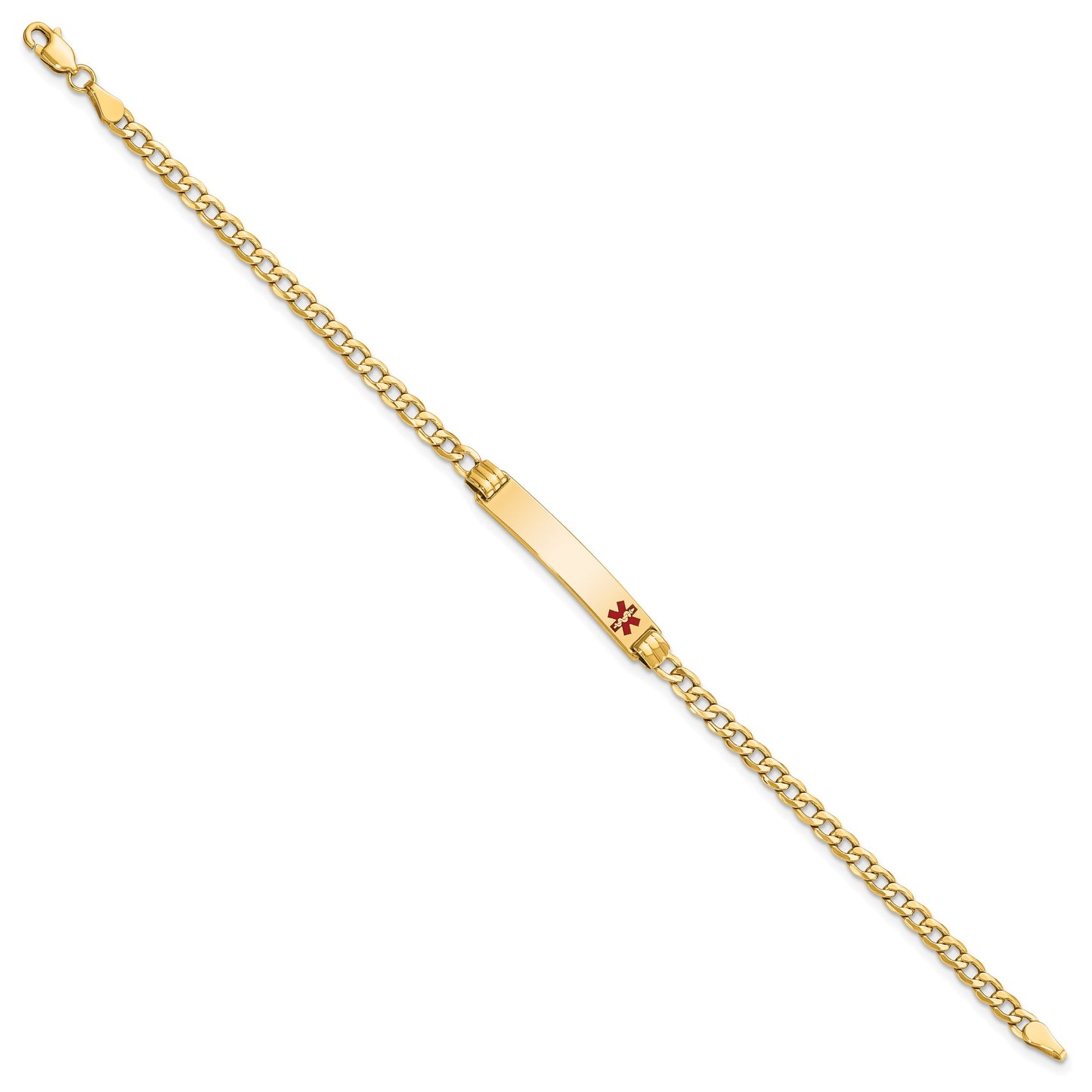 14k Medical Semi-Solid Chain/Solid Plate 26x5mm Off-Center Red Enamel Cuban Link 7 inch ID Bracelet