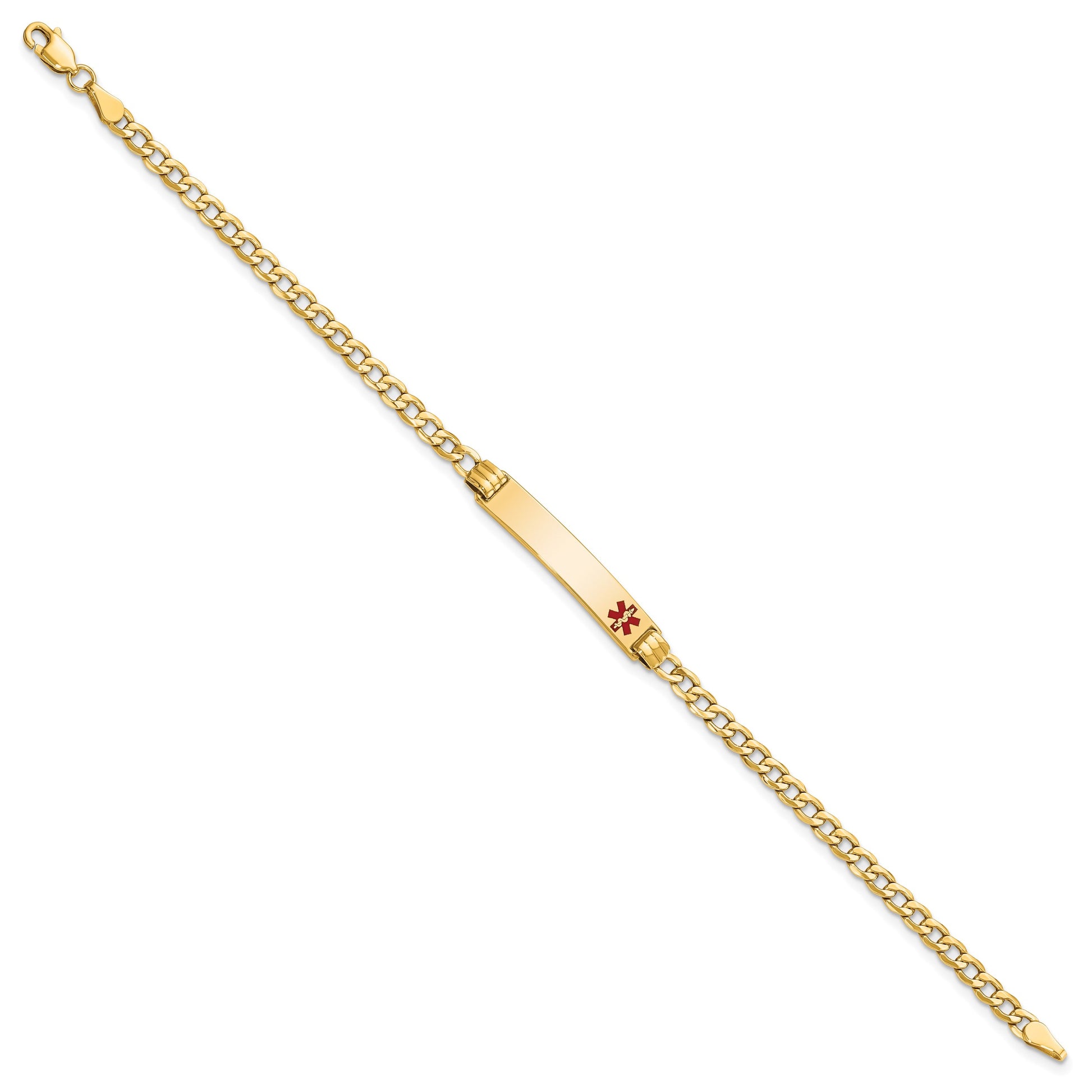 14k Medical Semi-Solid Chain/Solid Plate 26x5mm Off-Center Red Enamel Cuban Link 7 inch ID Bracelet