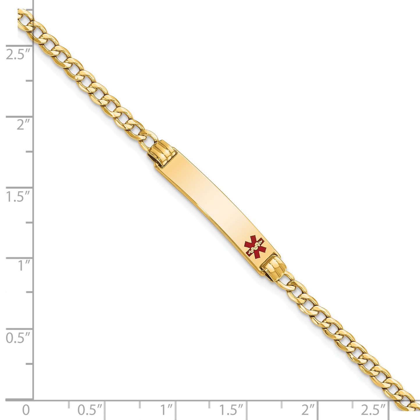 14k Medical Semi-Solid Chain/Solid Plate 26x5mm Off-Center Red Enamel Cuban Link 8 inch ID Bracelet