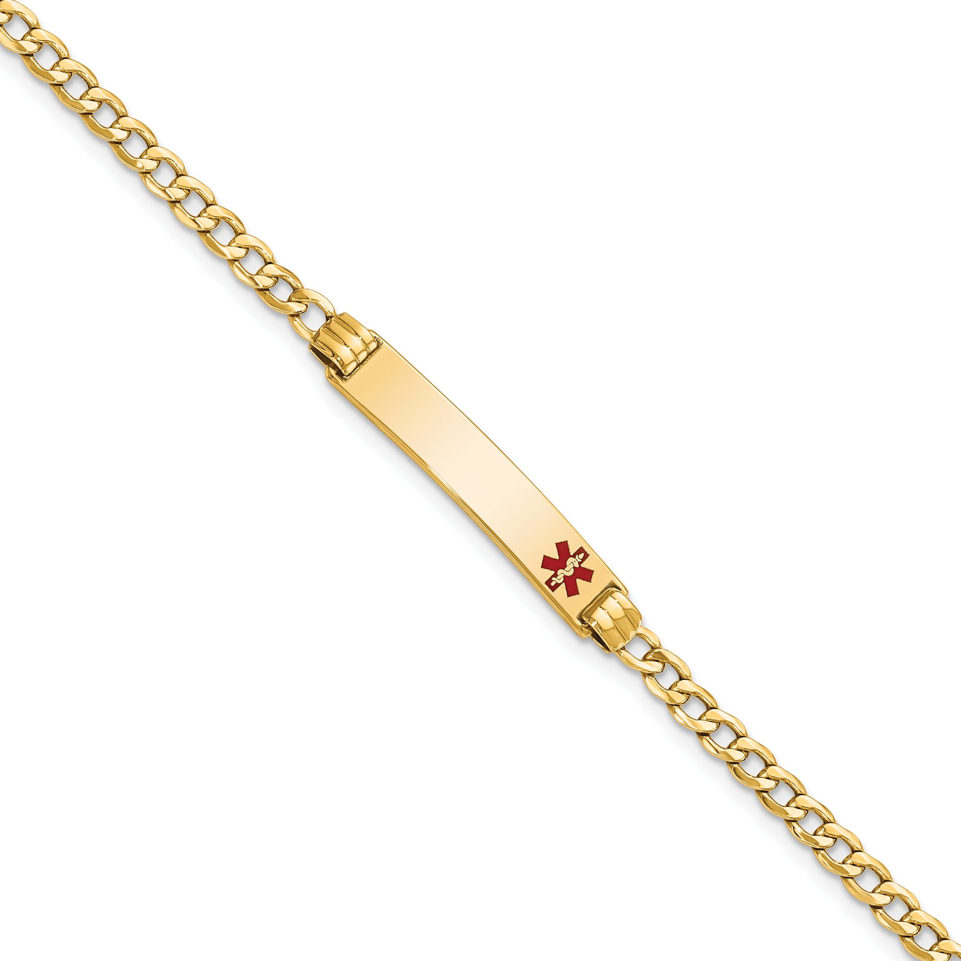 14k Medical Semi-Solid Chain/Solid Plate 26x5mm Off-Center Red Enamel Cuban Link 8 inch ID Bracelet