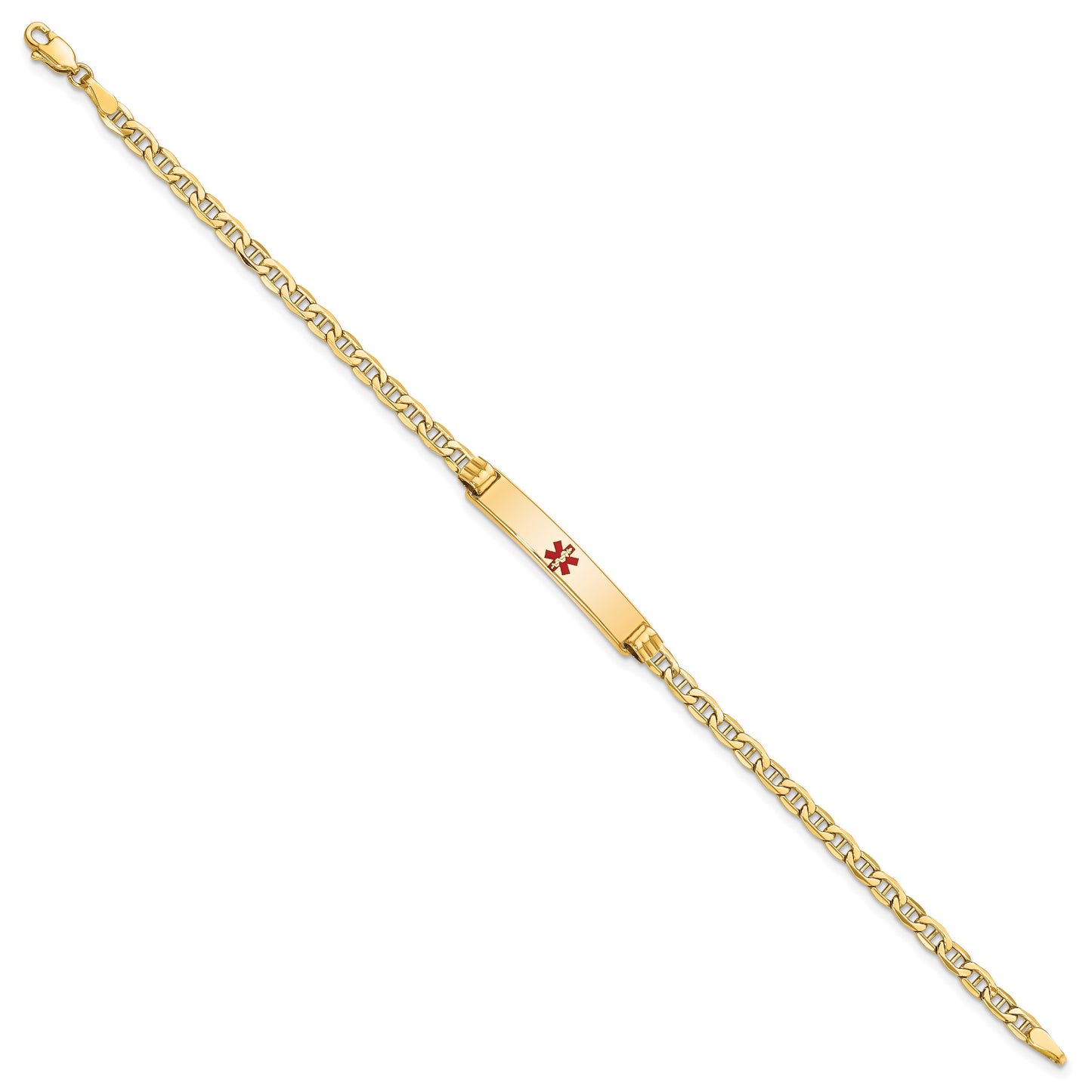14K Medical Semi-Solid Chain/Solid Plate 26x5mm Centered Red Enamel Anchor Link 8 inch ID Bracelet