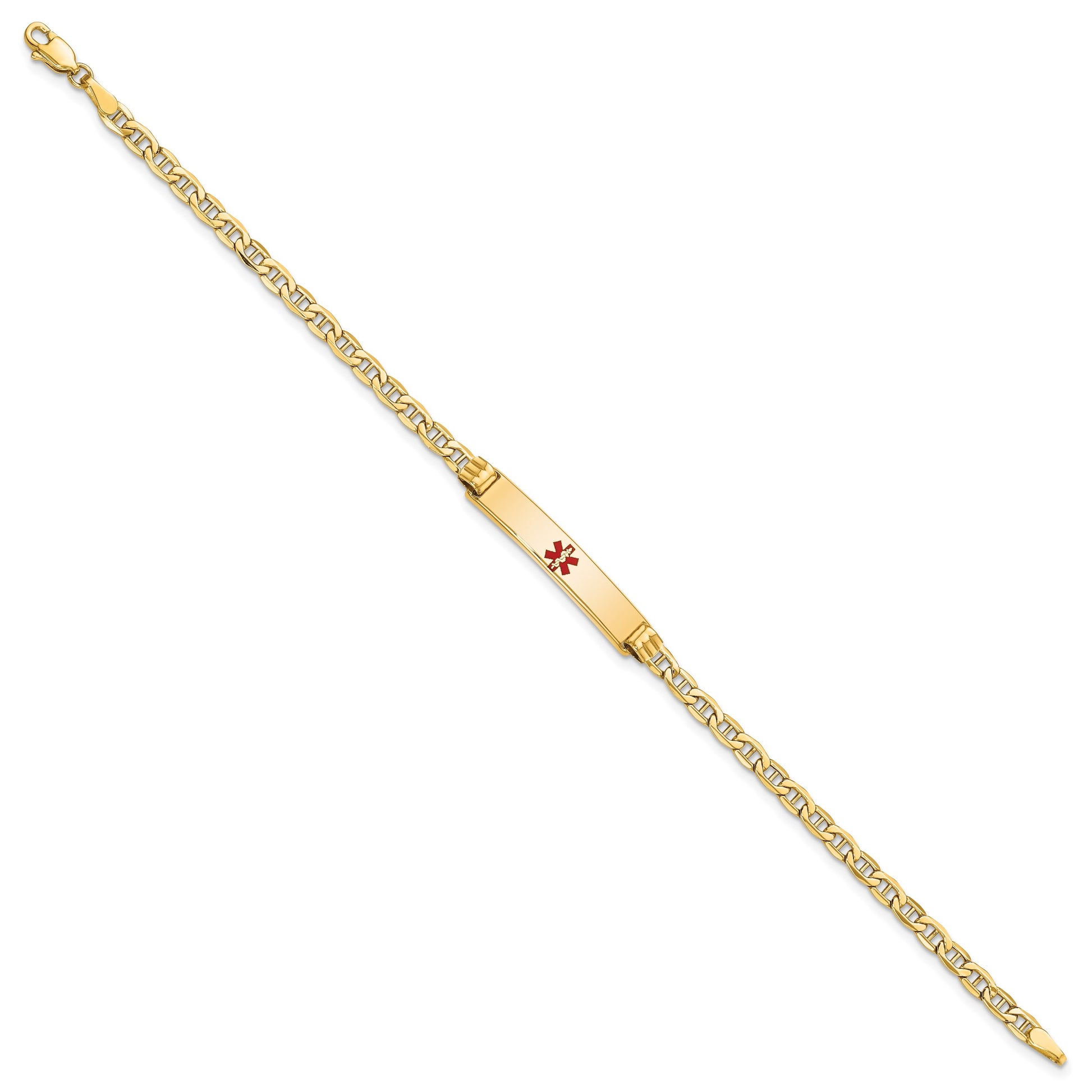 14K Medical Semi-Solid Chain/Solid Plate 26x5mm Centered Red Enamel Anchor Link 8 inch ID Bracelet