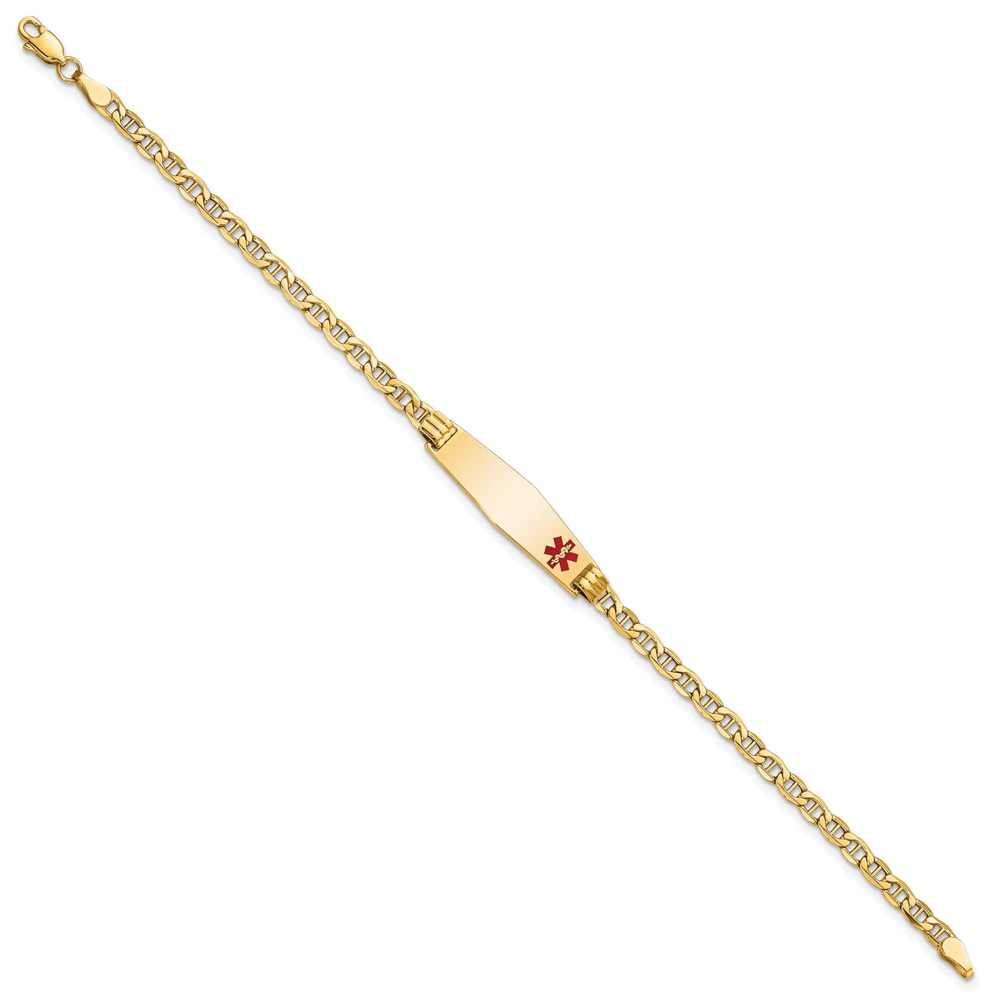 14K Medical Semi-Solid Chain/Solid Plate 26x7mm Soft Diamond Shape Off-Center Red Enamel Anchor Link 8 inch ID Bracelet