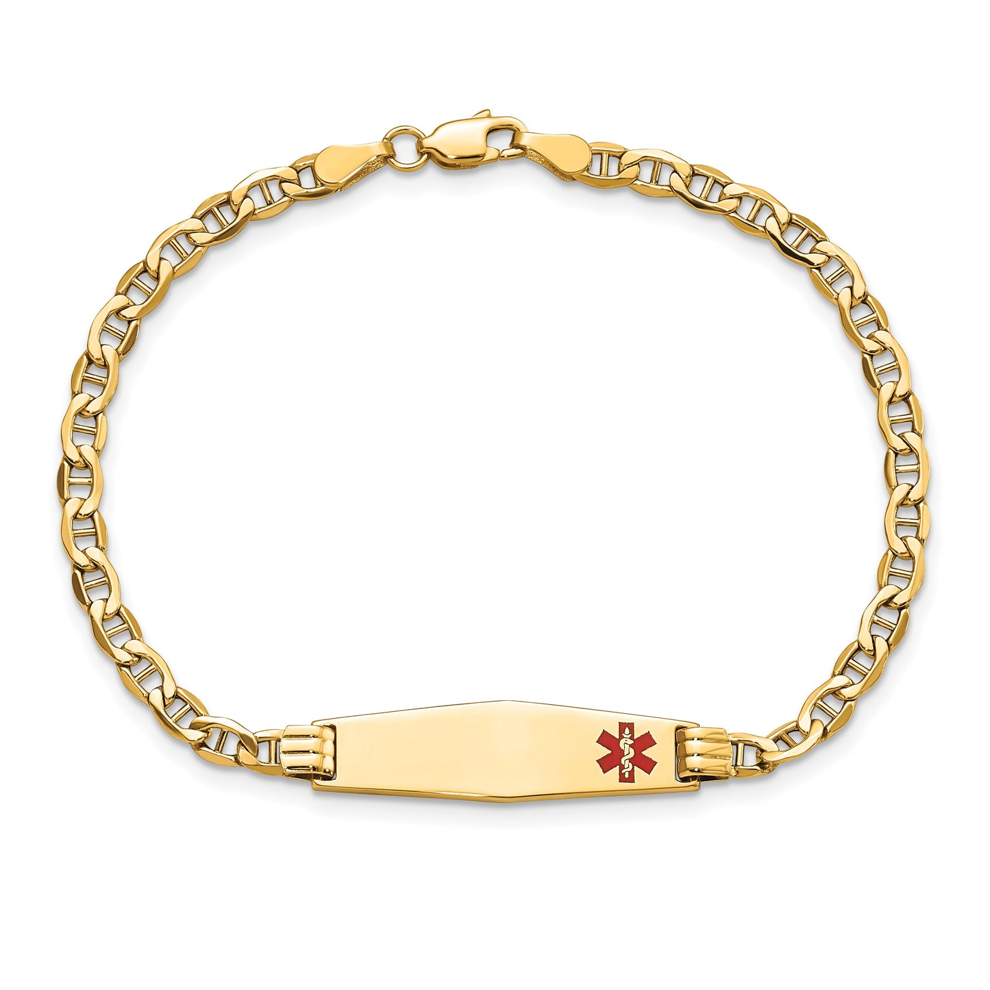 14K Medical Semi-Solid Chain/Solid Plate 26x7mm Soft Diamond Shape Off-Center Red Enamel Anchor Link 7 inch ID Bracelet
